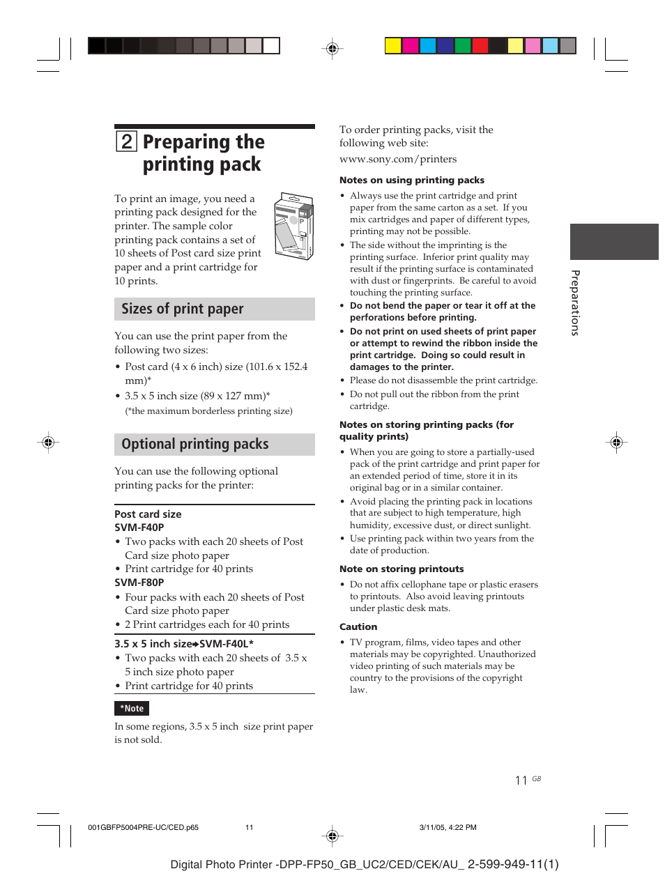 2preparing the printing pack, Sizes of print paper, Optional printing packs | Sony DPP-FP50 User Manual | Page 11 / 100