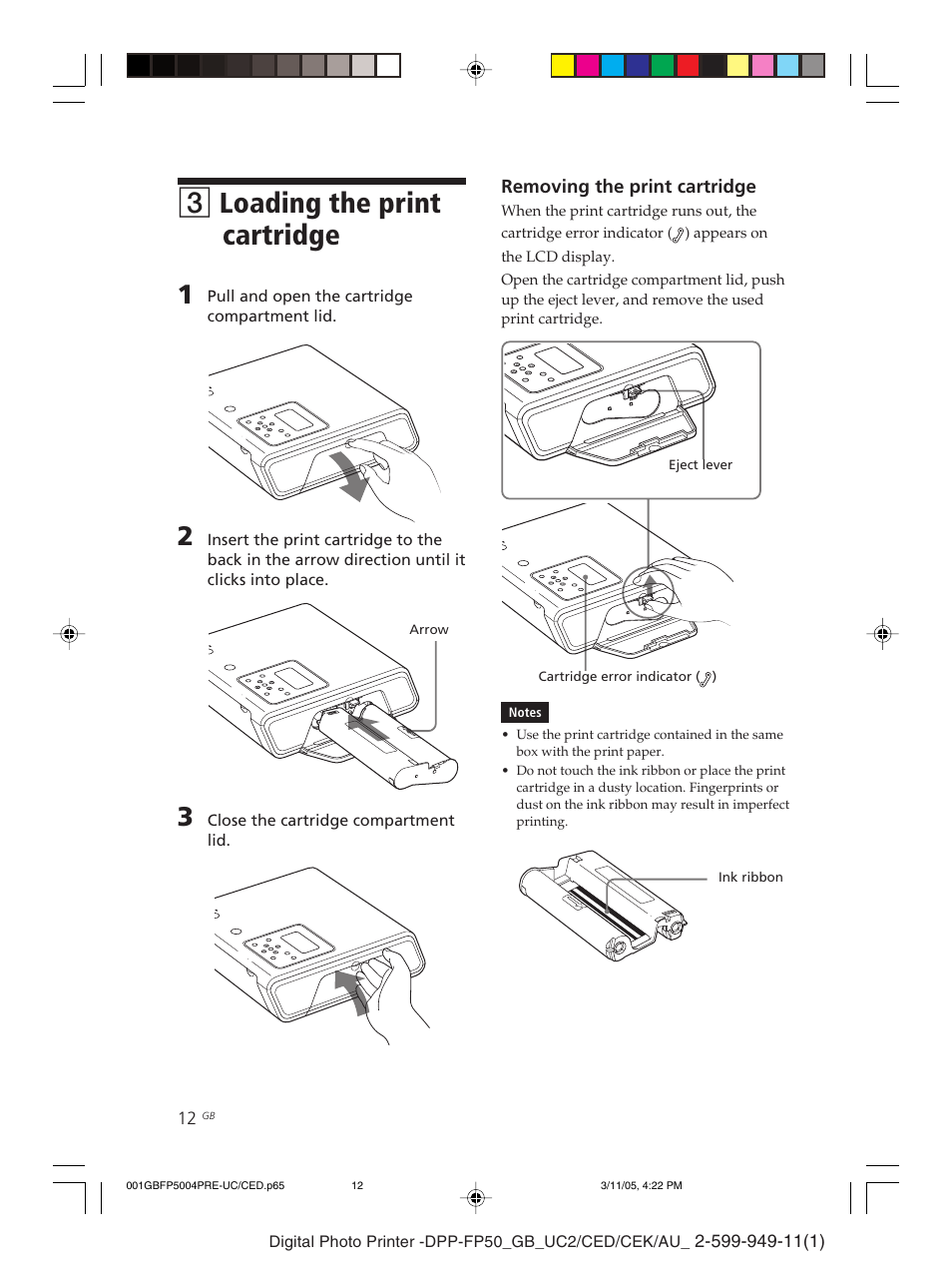 3loading the print cartridge | Sony DPP-FP50 User Manual | Page 12 / 100