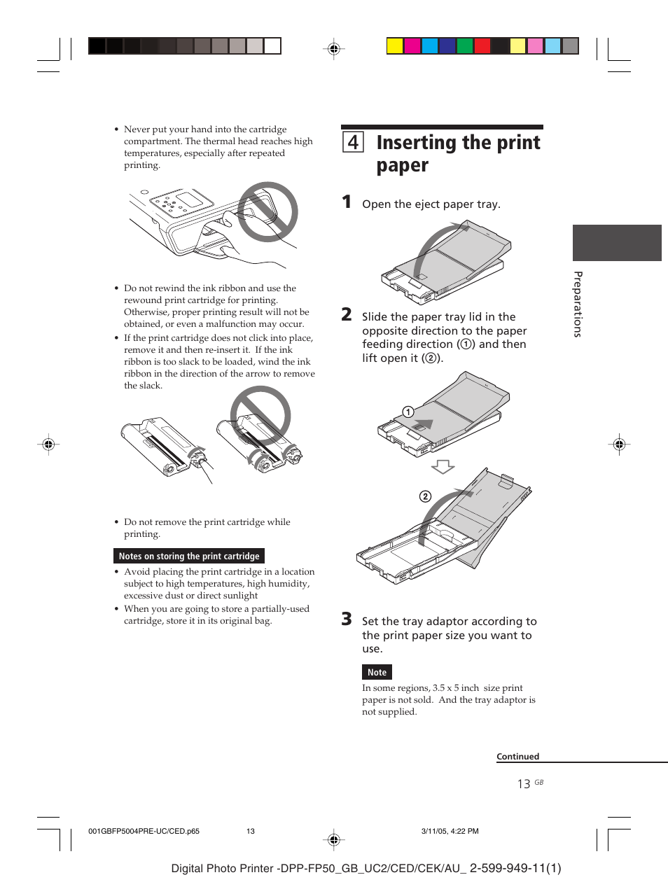 4inserting the print paper | Sony DPP-FP50 User Manual | Page 13 / 100