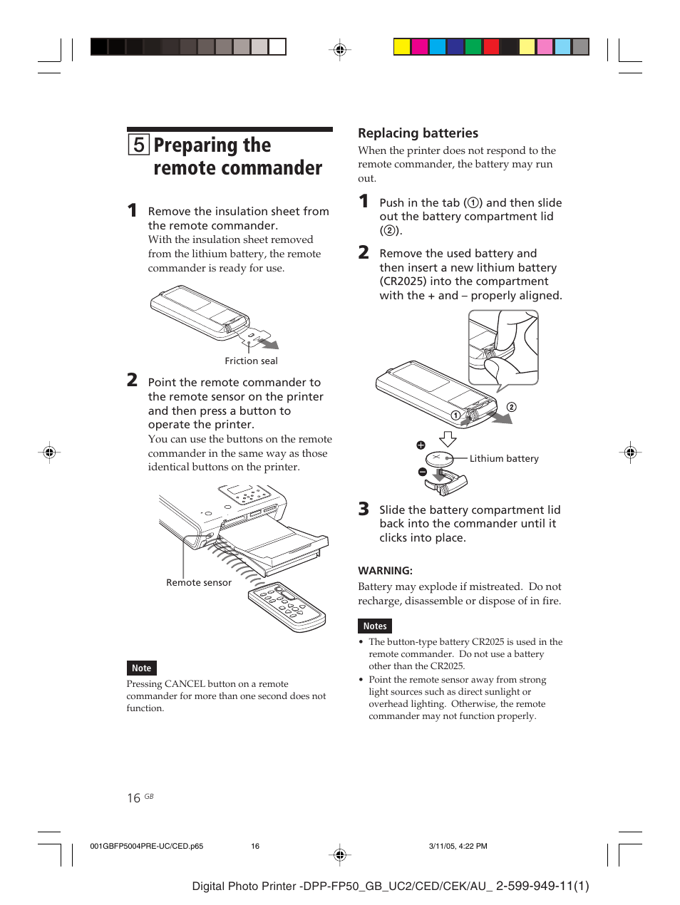 5preparing the remote commander | Sony DPP-FP50 User Manual | Page 16 / 100