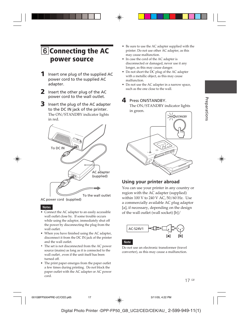 6connecting the ac power source | Sony DPP-FP50 User Manual | Page 17 / 100