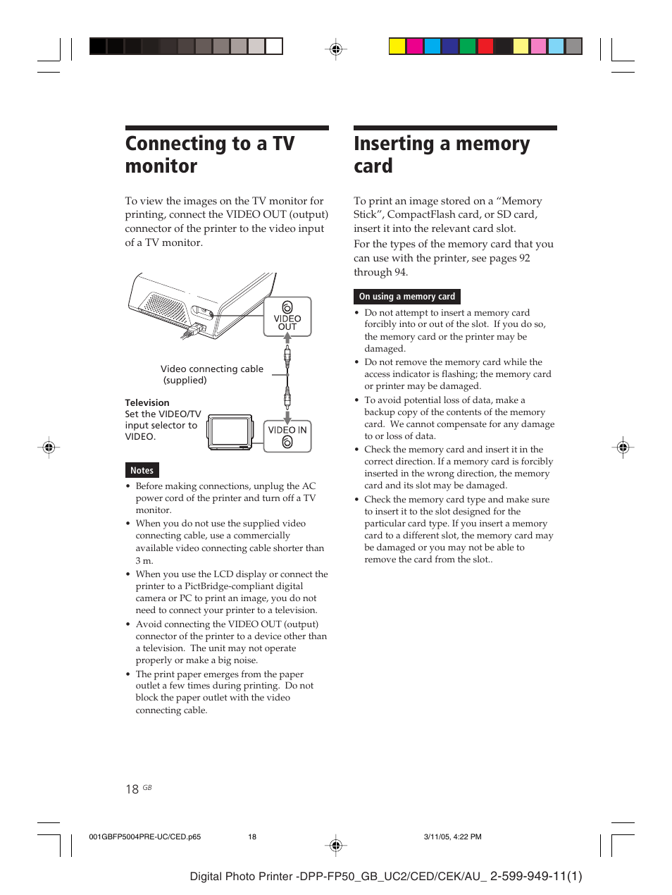 Connecting to a tv monitor | Sony DPP-FP50 User Manual | Page 18 / 100