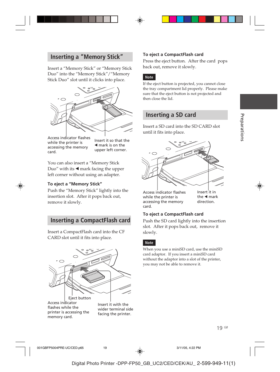 Inserting a sd card, Inserting a compactflash card | Sony DPP-FP50 User Manual | Page 19 / 100