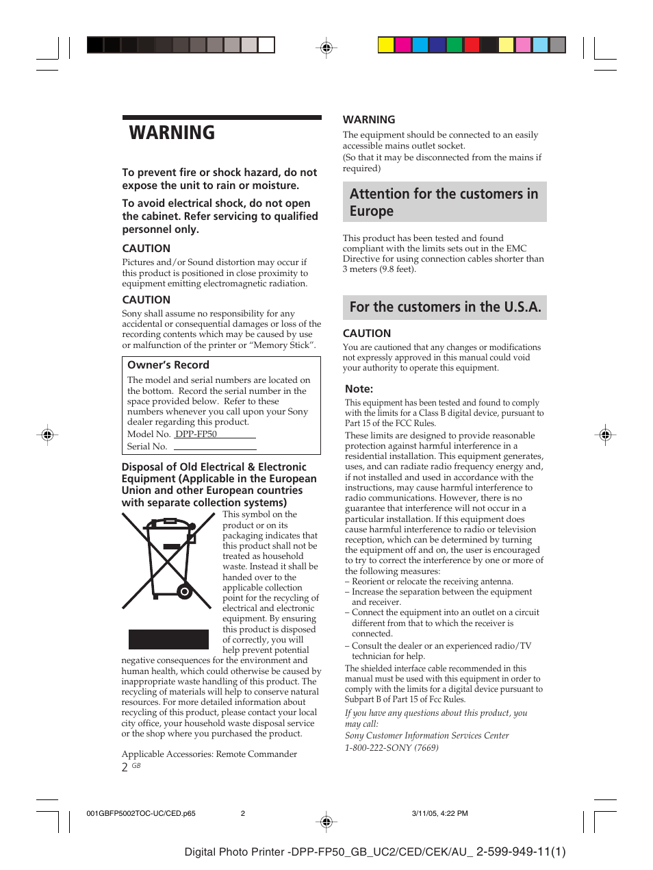 Warning, Attention for the customers in europe, For the customers in the u.s.a | Sony DPP-FP50 User Manual | Page 2 / 100