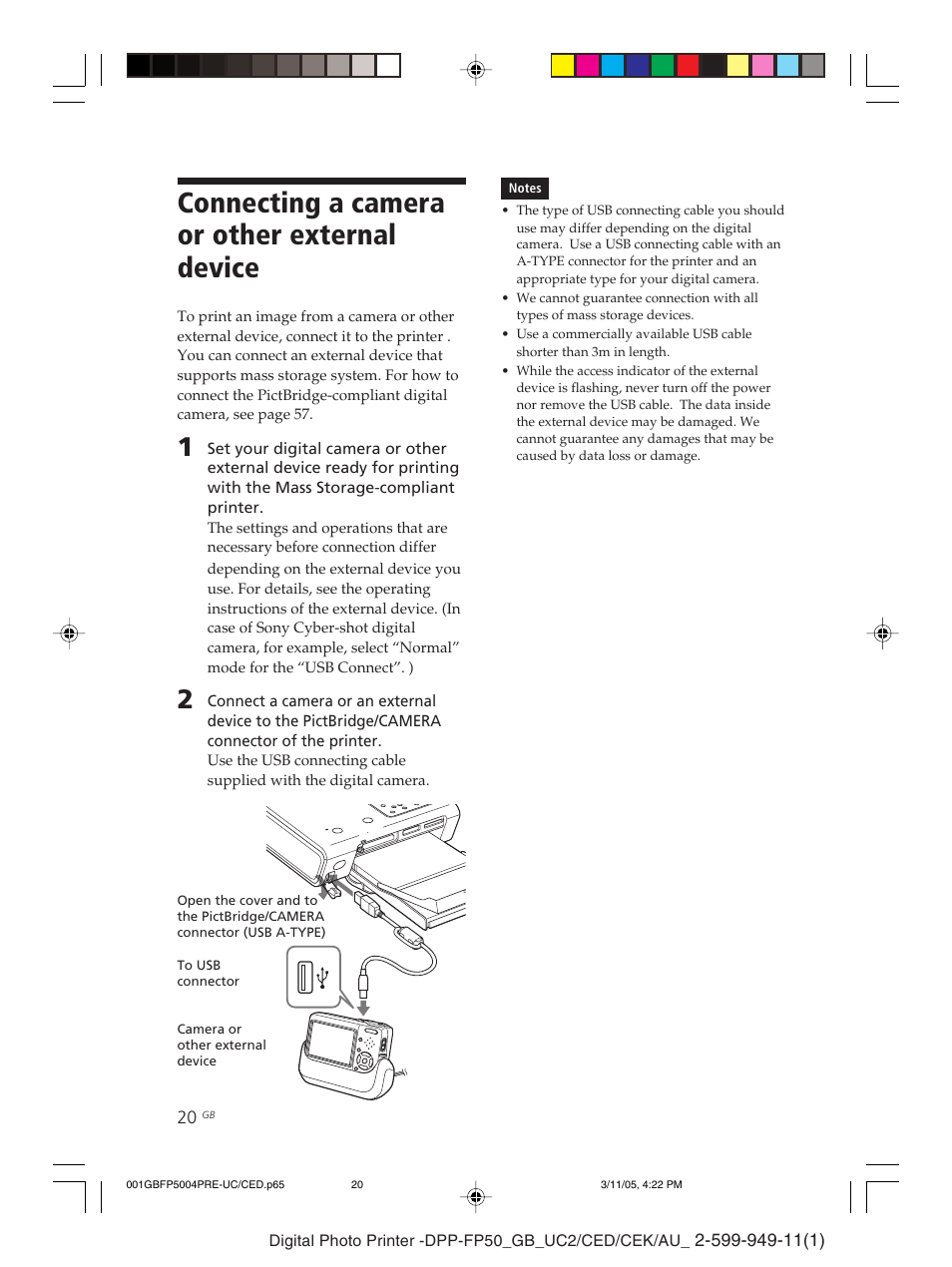 Connecting a camera or other external device | Sony DPP-FP50 User Manual | Page 20 / 100