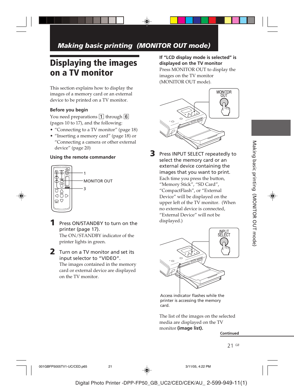 Displaying the images on a tv monitor, Making basic printing (monitor out mode) | Sony DPP-FP50 User Manual | Page 21 / 100