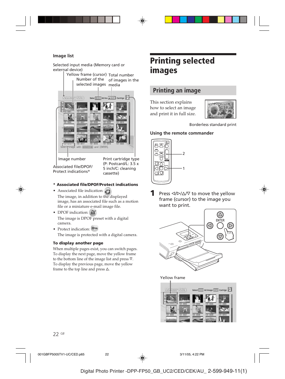 Printing selected images, Printing an image | Sony DPP-FP50 User Manual | Page 22 / 100