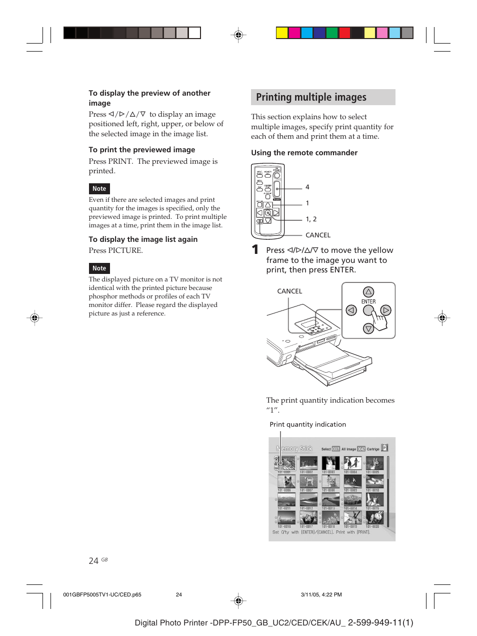 Printing multiple images | Sony DPP-FP50 User Manual | Page 24 / 100