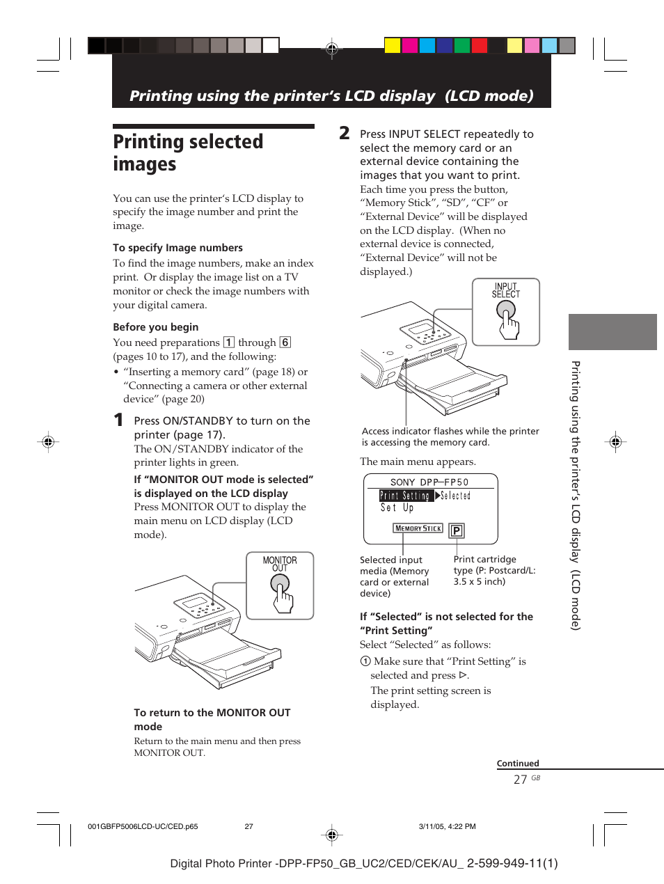 Printing selected images | Sony DPP-FP50 User Manual | Page 27 / 100