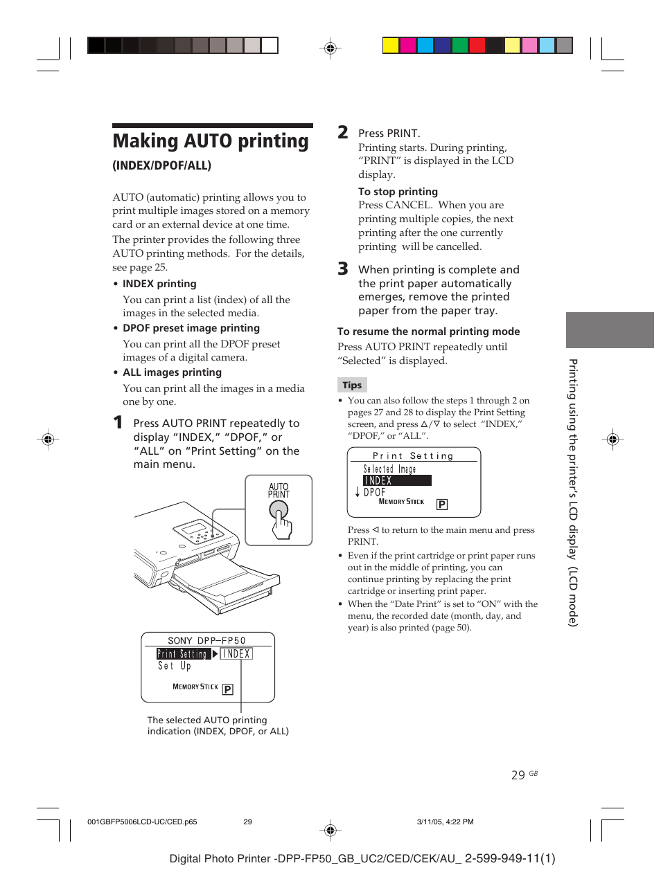 Making auto printing | Sony DPP-FP50 User Manual | Page 29 / 100