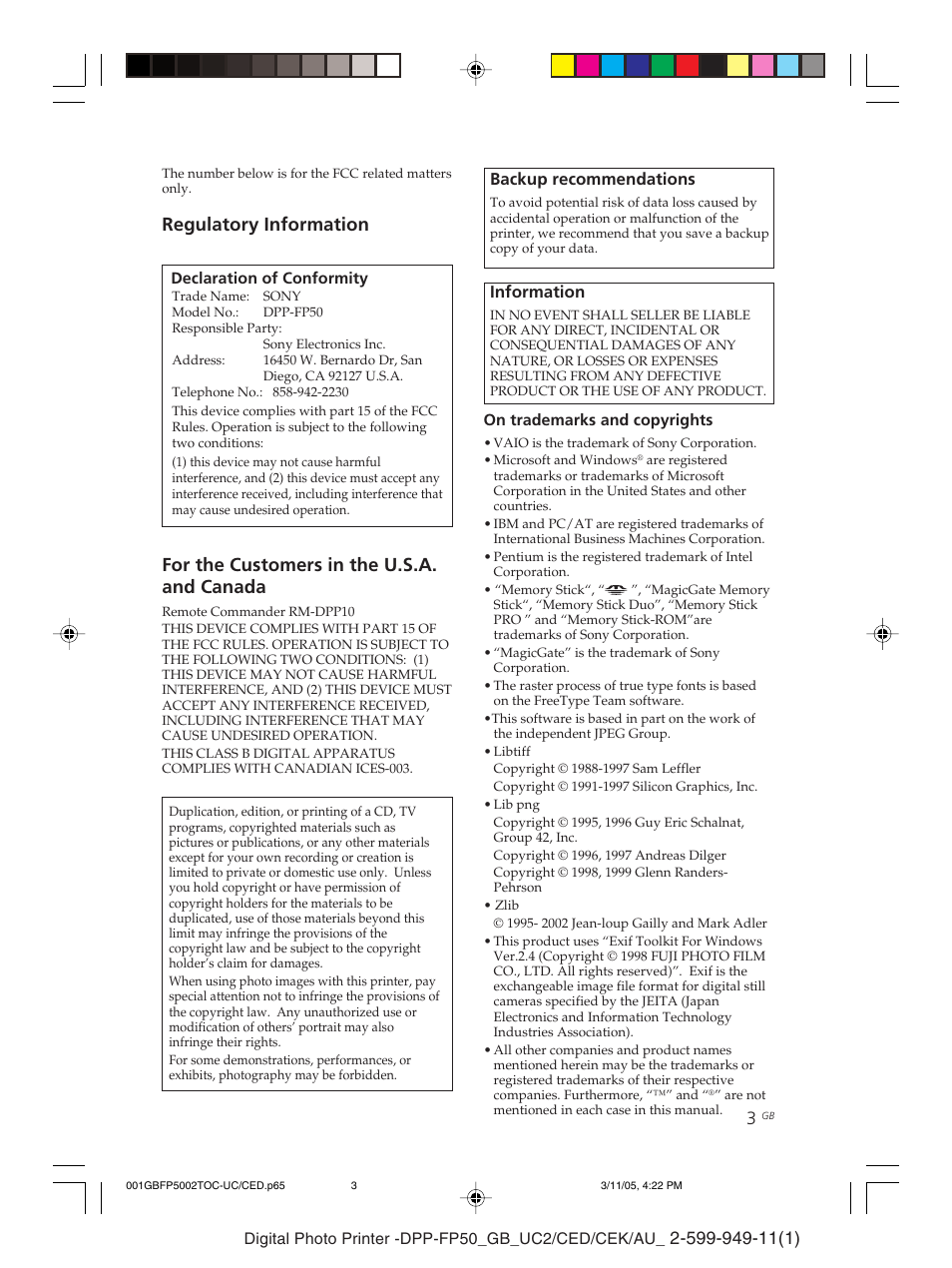 For the customers in the u.s.a. and canada, Regulatory information, Backup recommendations | Information | Sony DPP-FP50 User Manual | Page 3 / 100