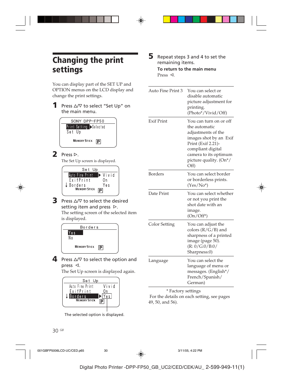 Changing the print settings | Sony DPP-FP50 User Manual | Page 30 / 100