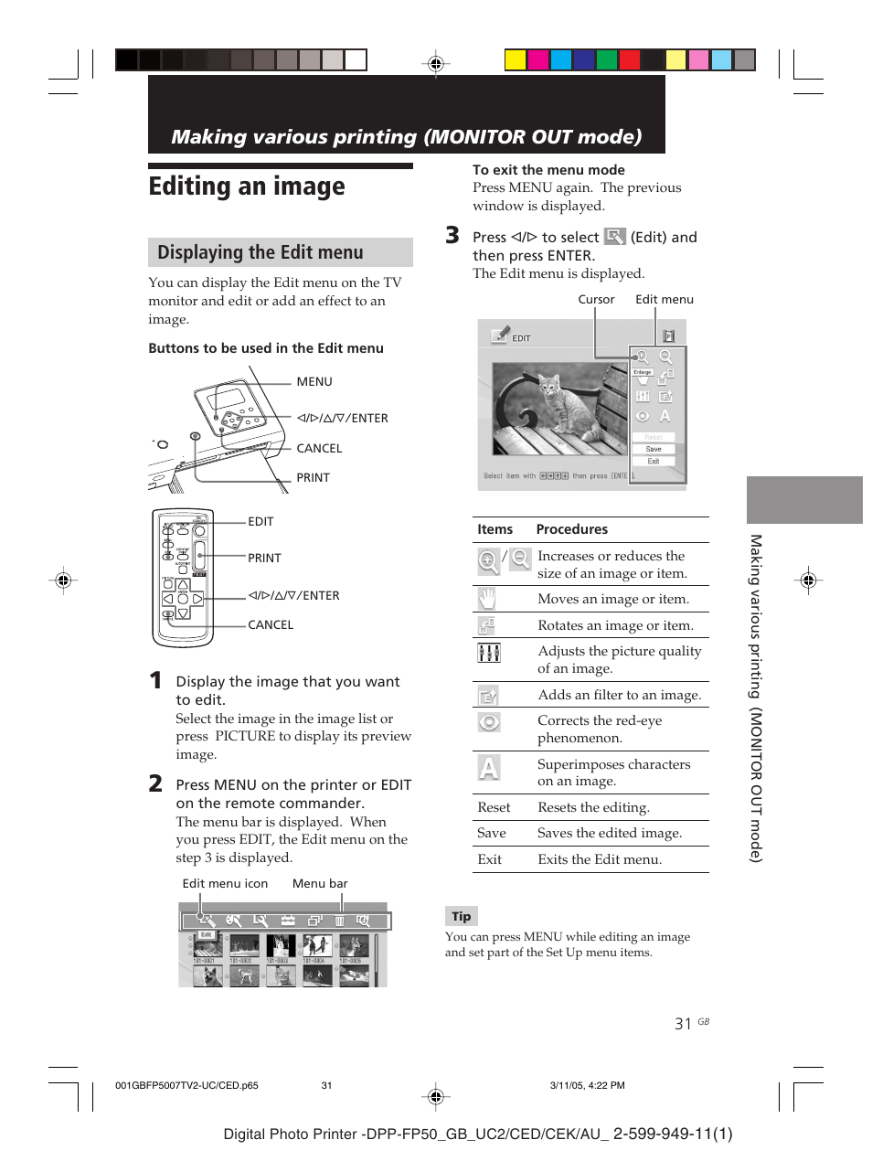 Editing an image, Making various printing (monitor out mode), Displaying the edit menu | Sony DPP-FP50 User Manual | Page 31 / 100