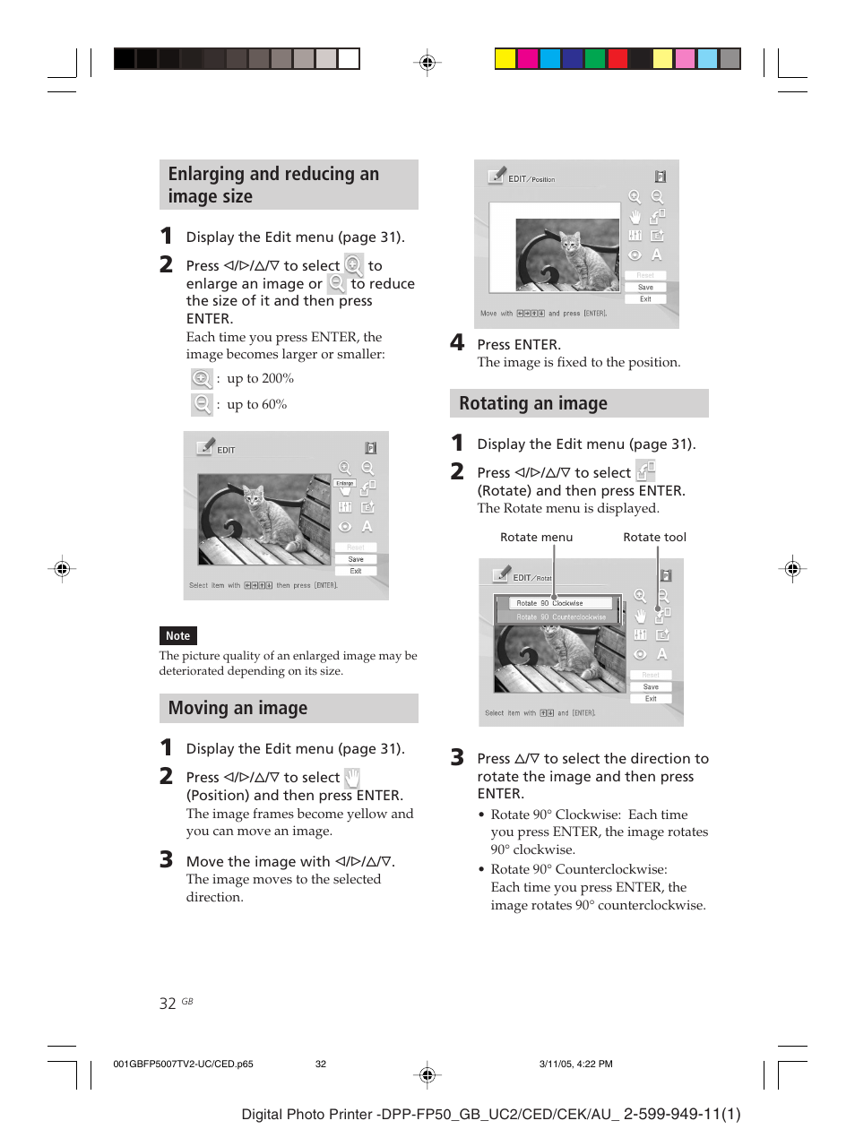 Enlarging and reducing an image size, Moving an image, Rotating an image | Sony DPP-FP50 User Manual | Page 32 / 100