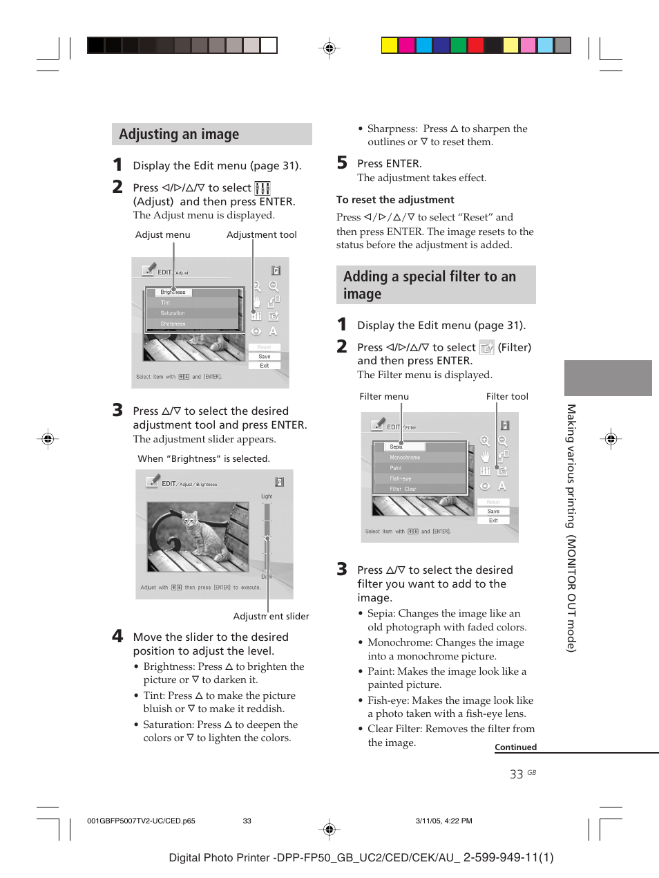 Adjusting an image, Adding a special filter to an image | Sony DPP-FP50 User Manual | Page 33 / 100