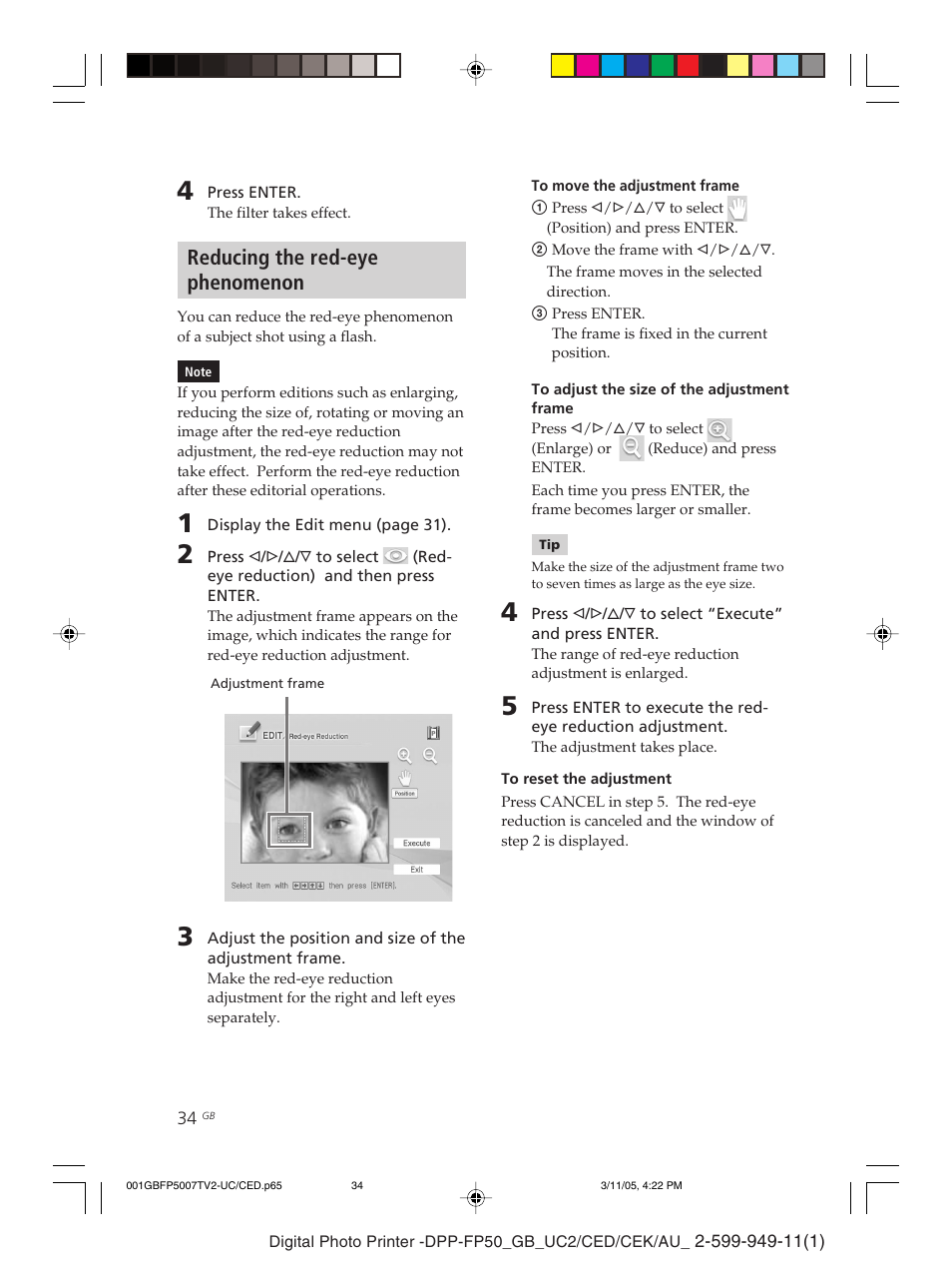 Reducing the red-eye phenomenon | Sony DPP-FP50 User Manual | Page 34 / 100