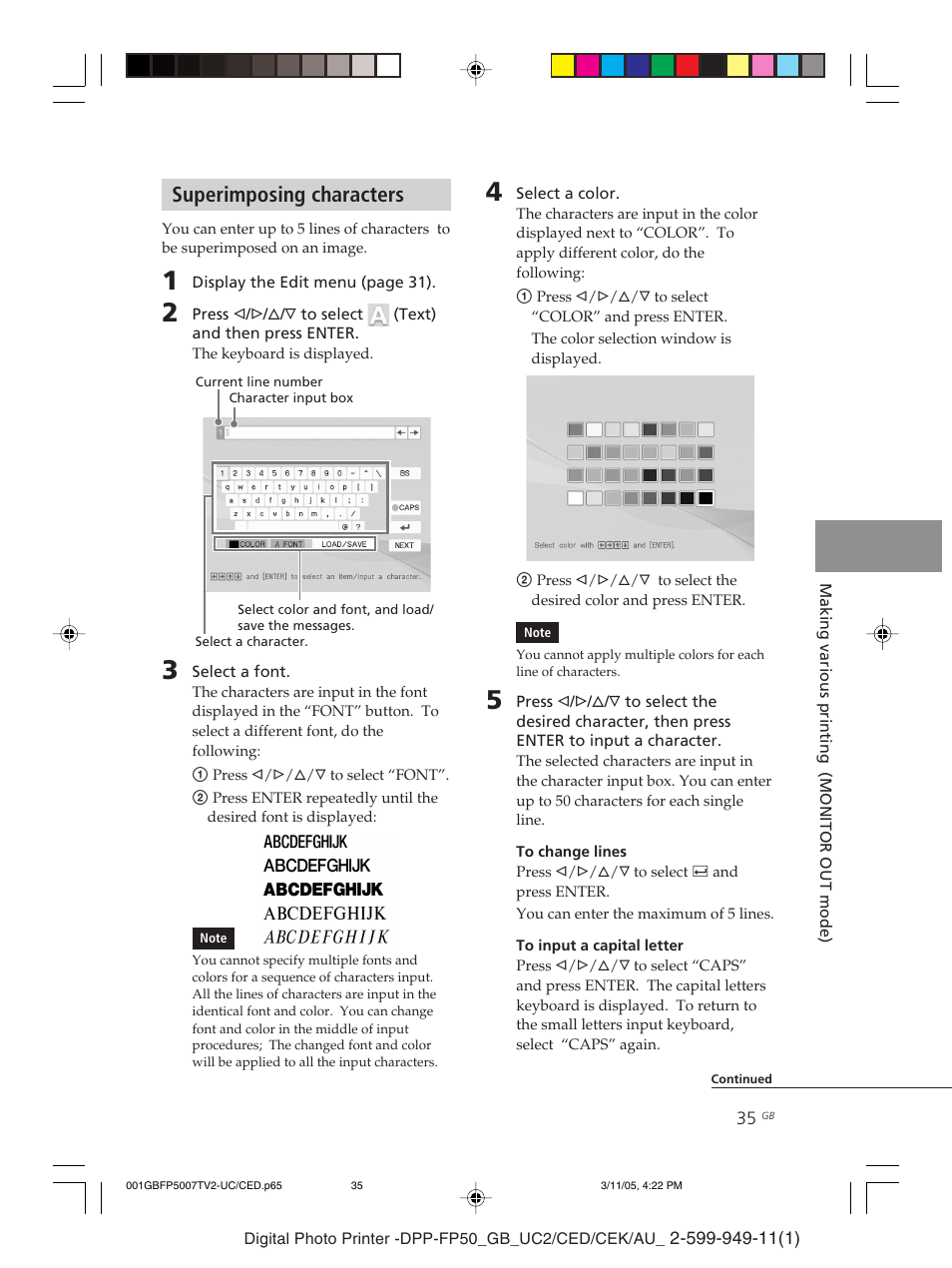 Superimposing characters | Sony DPP-FP50 User Manual | Page 35 / 100