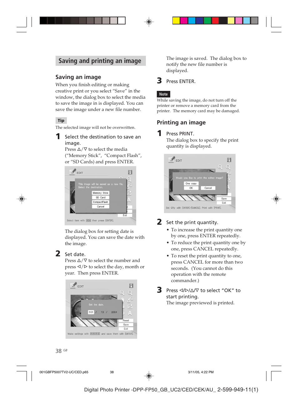 Saving and printing an image | Sony DPP-FP50 User Manual | Page 38 / 100