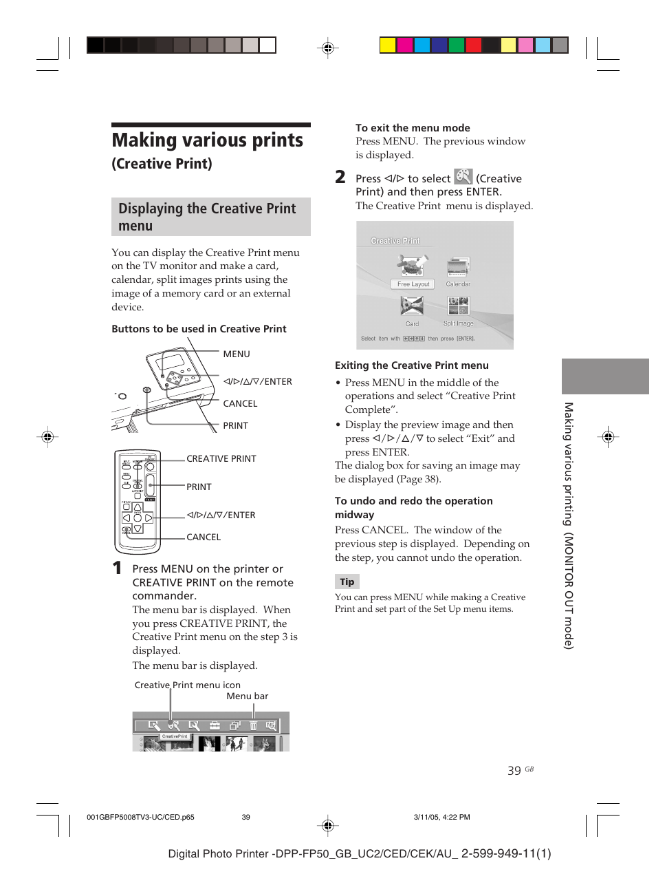 Making various prints, Creative print) displaying the creative print menu | Sony DPP-FP50 User Manual | Page 39 / 100