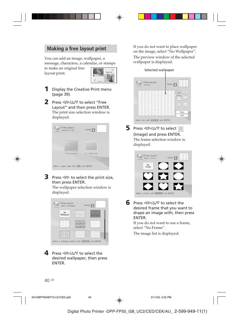 Making a free layout print | Sony DPP-FP50 User Manual | Page 40 / 100