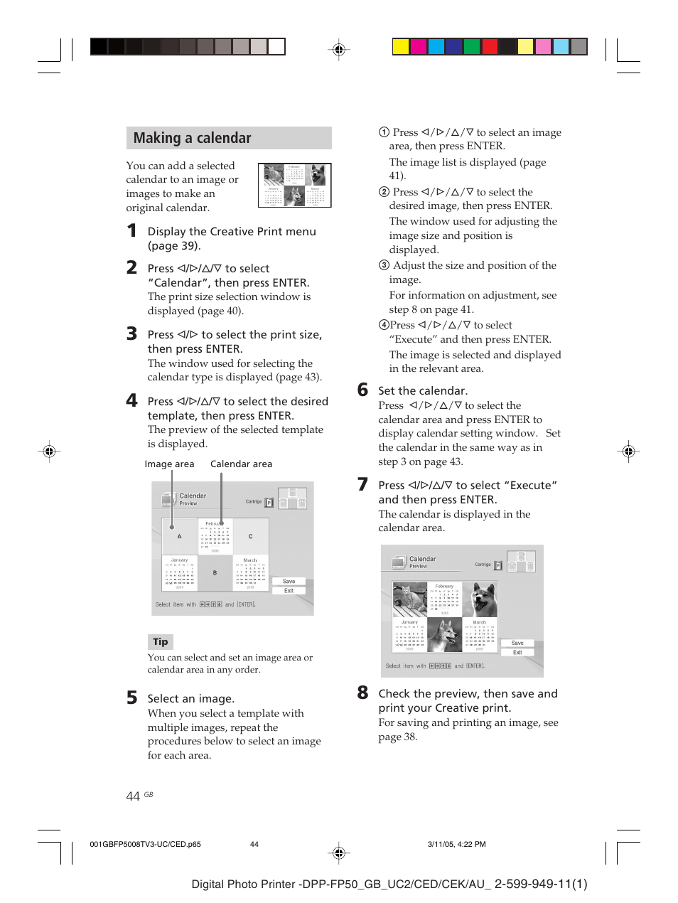 Making a calendar | Sony DPP-FP50 User Manual | Page 44 / 100