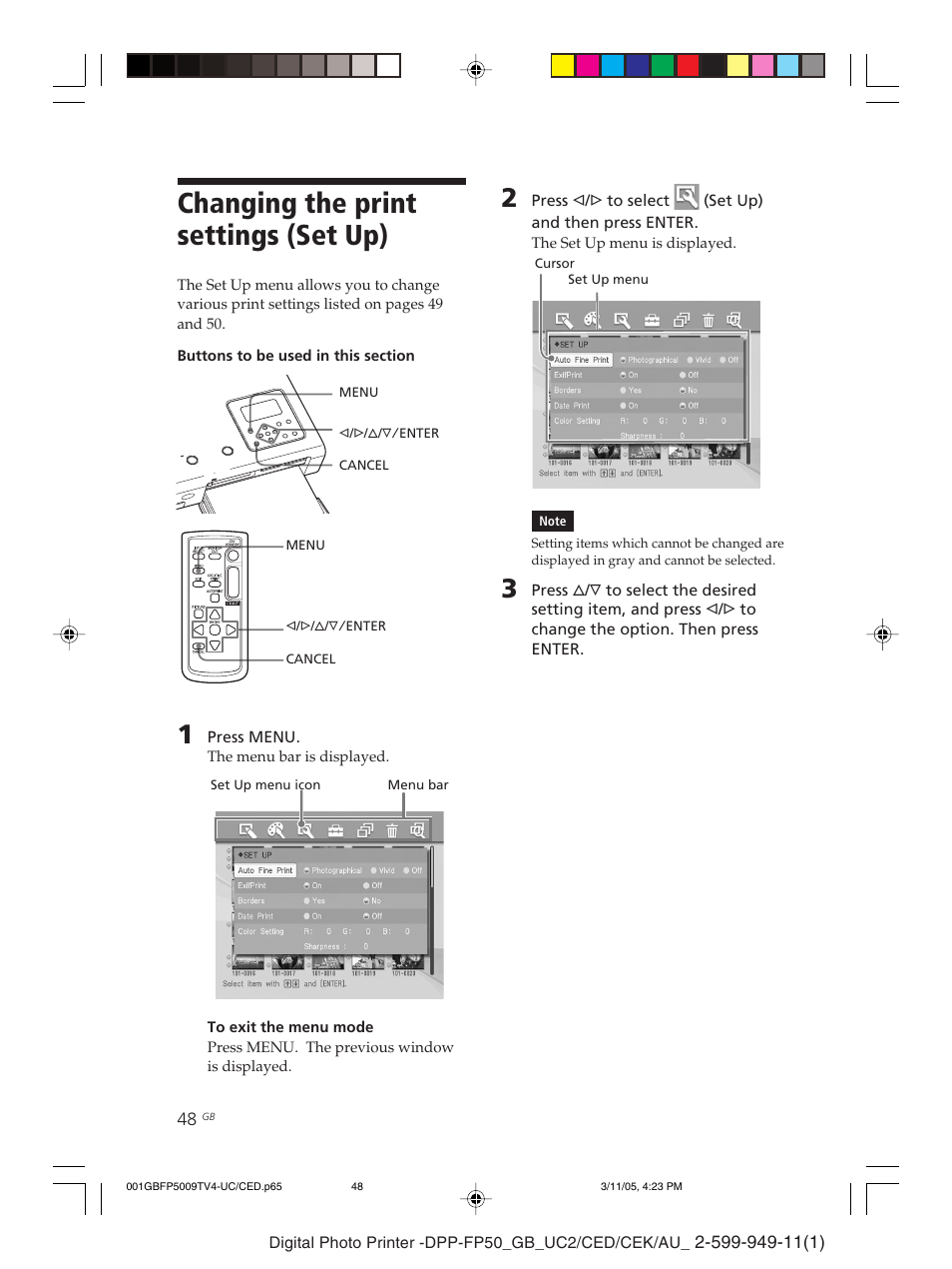 Changing the print settings (set up) | Sony DPP-FP50 User Manual | Page 48 / 100