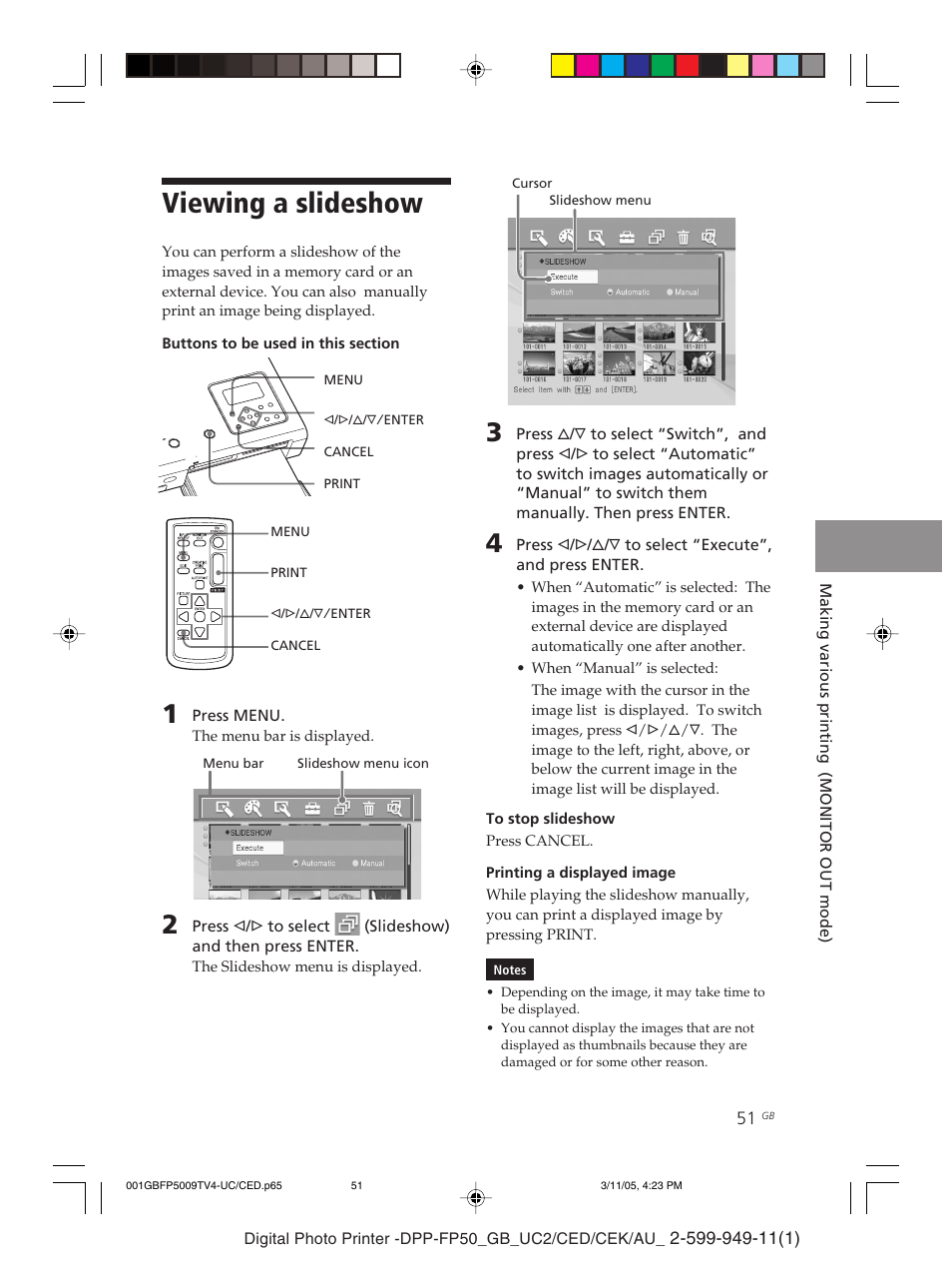 Viewing a slideshow | Sony DPP-FP50 User Manual | Page 51 / 100