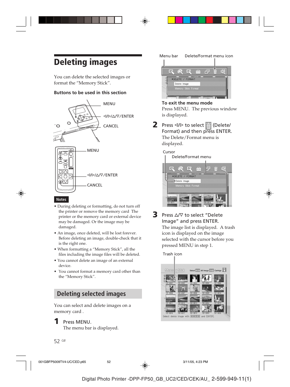 Deleting images, Deleting selected images | Sony DPP-FP50 User Manual | Page 52 / 100