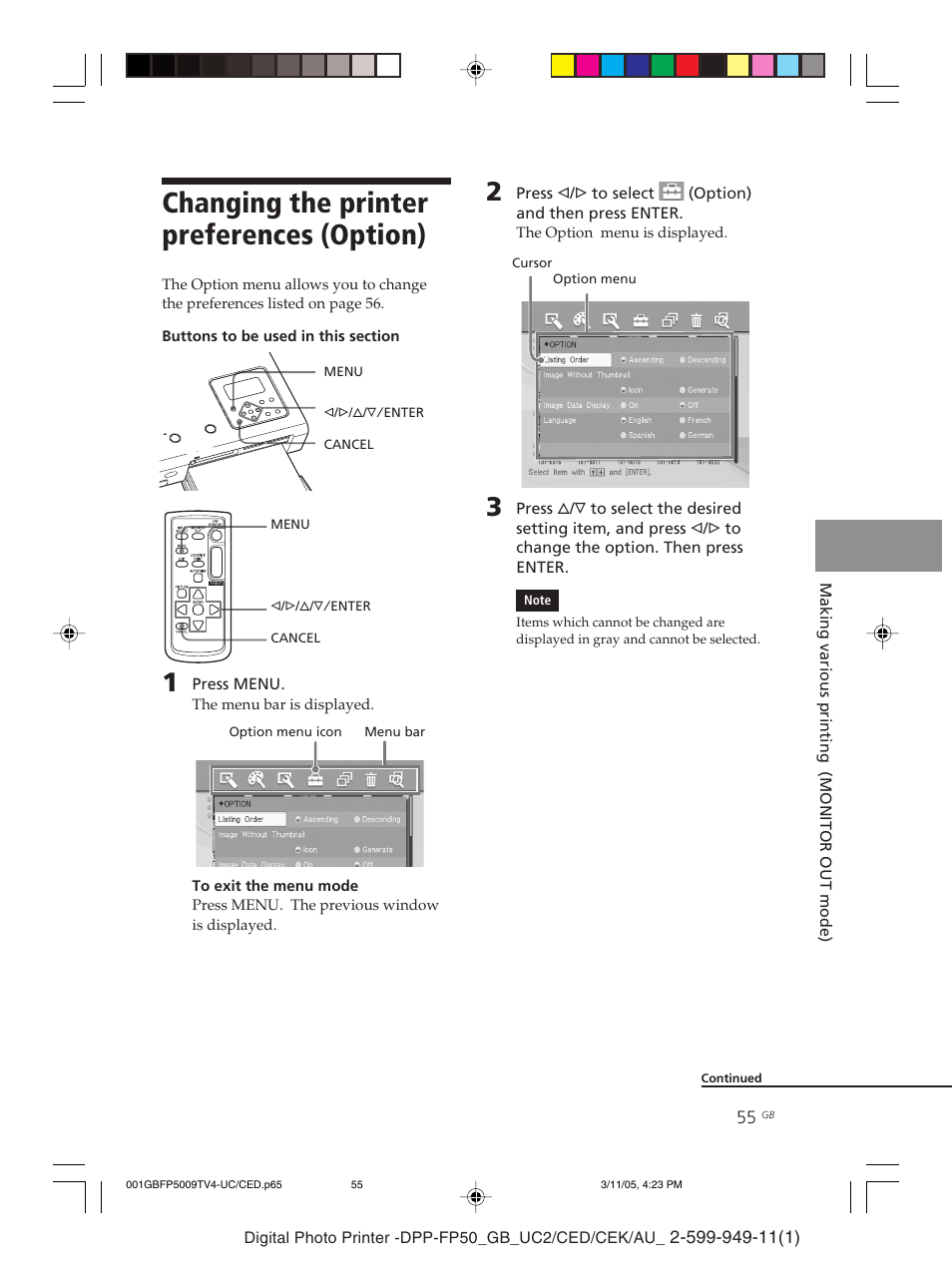 Changing the printer preferences (option) | Sony DPP-FP50 User Manual | Page 55 / 100