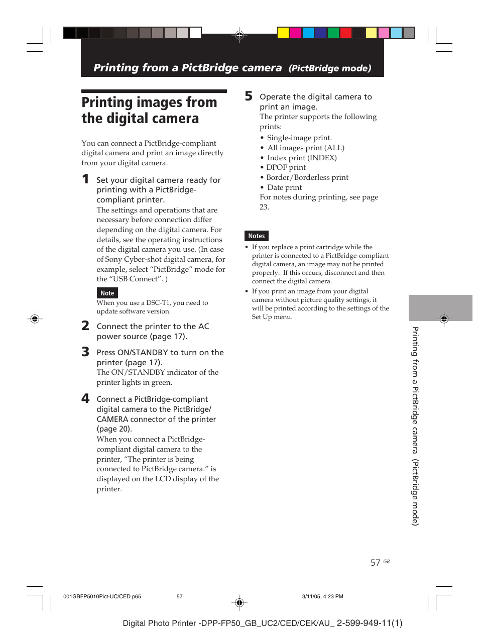 Printing images from the digital camera, Printing from a pictbridge camera | Sony DPP-FP50 User Manual | Page 57 / 100