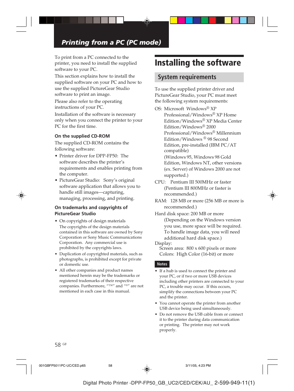 Installing the software, Printing from a pc (pc mode), System requirements | Sony DPP-FP50 User Manual | Page 58 / 100