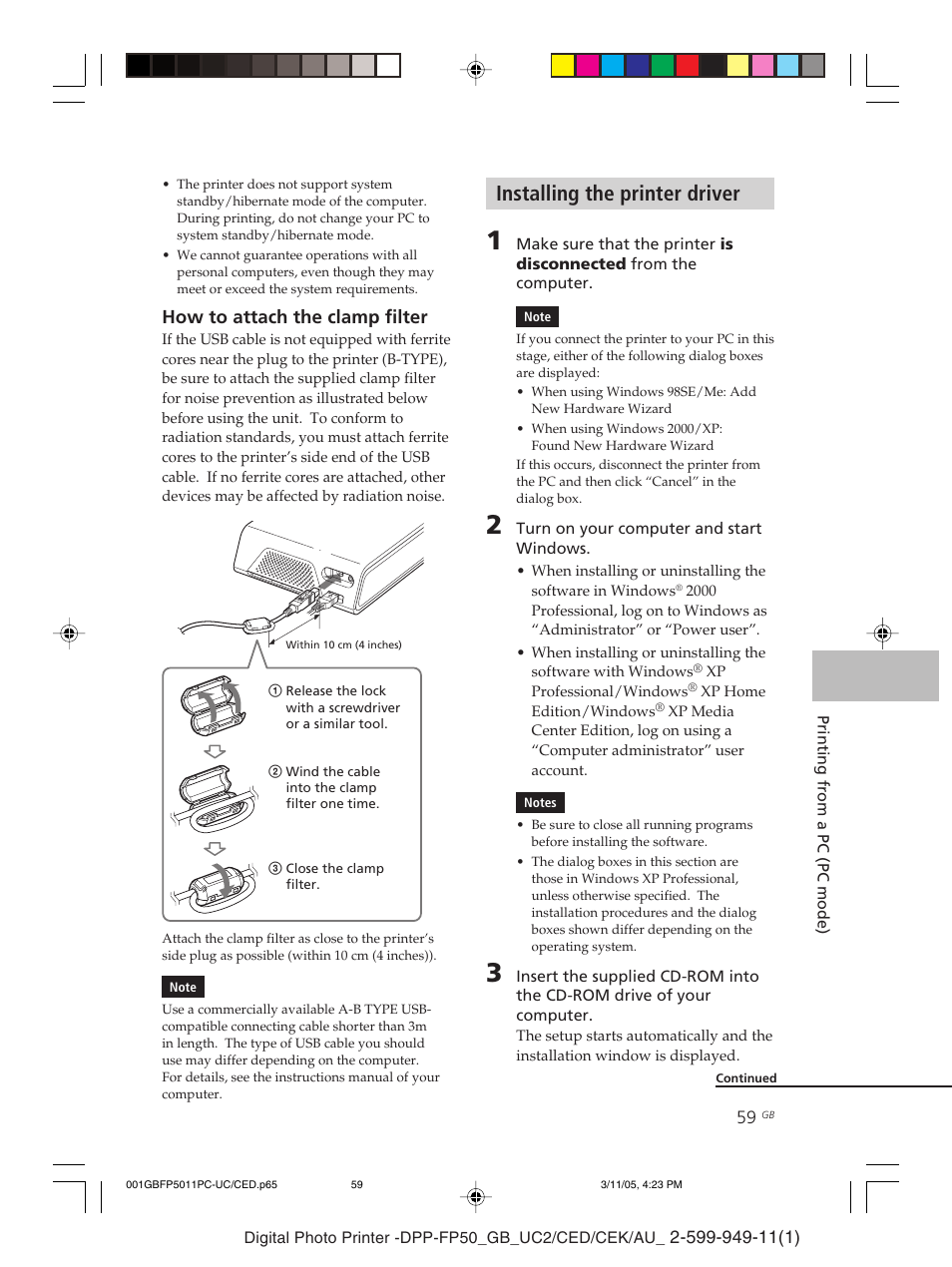 Installing the printer driver, How to attach the clamp filter | Sony DPP-FP50 User Manual | Page 59 / 100