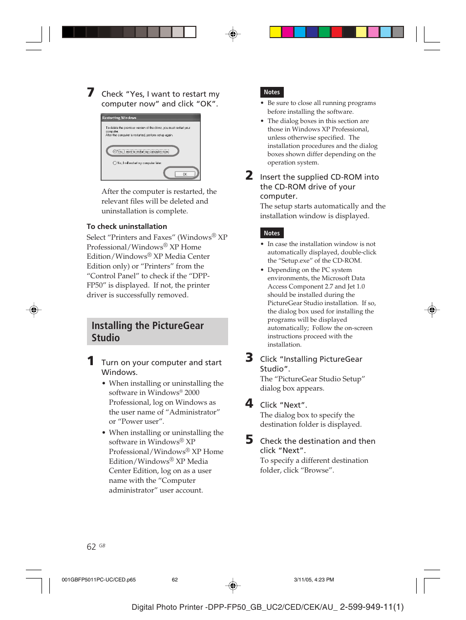 Installing the picturegear studio | Sony DPP-FP50 User Manual | Page 62 / 100