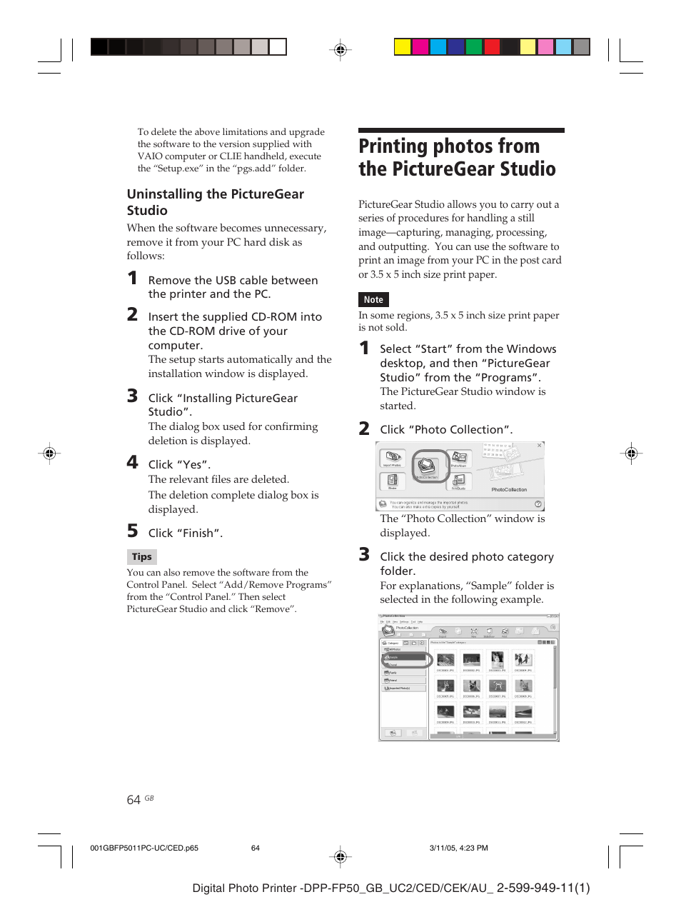 Printing photos from the picturegear studio | Sony DPP-FP50 User Manual | Page 64 / 100