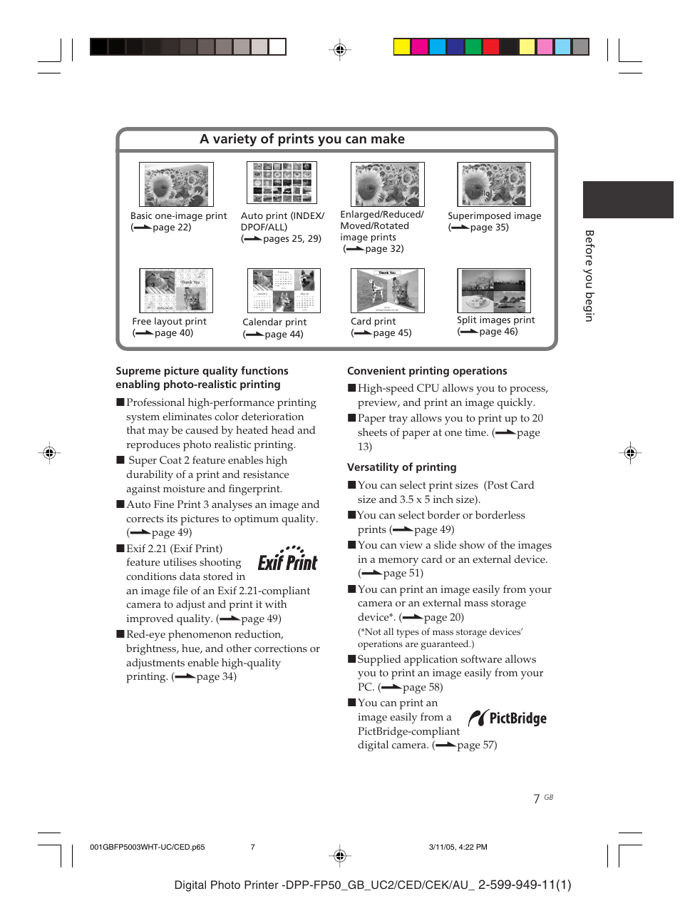 A variety of prints you can make | Sony DPP-FP50 User Manual | Page 7 / 100