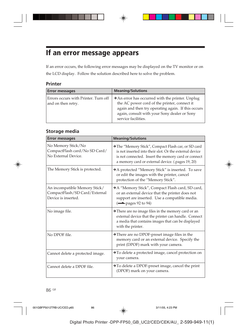 If an error message appears | Sony DPP-FP50 User Manual | Page 86 / 100