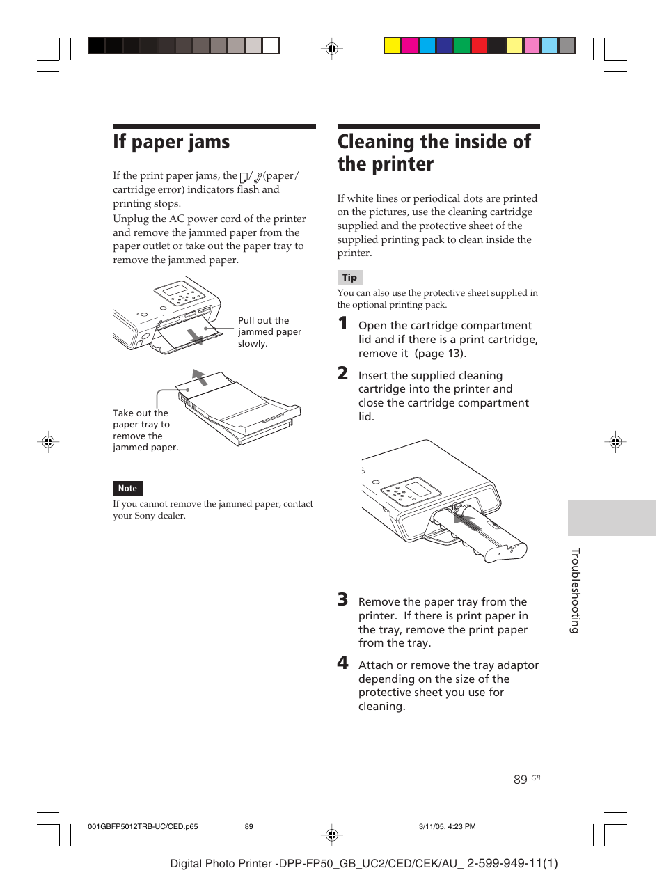 If paper jams, Cleaning the inside of the printer | Sony DPP-FP50 User Manual | Page 89 / 100