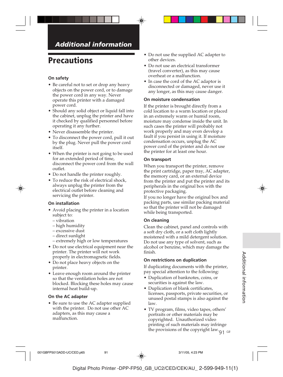 Precautions, Additional information | Sony DPP-FP50 User Manual | Page 91 / 100