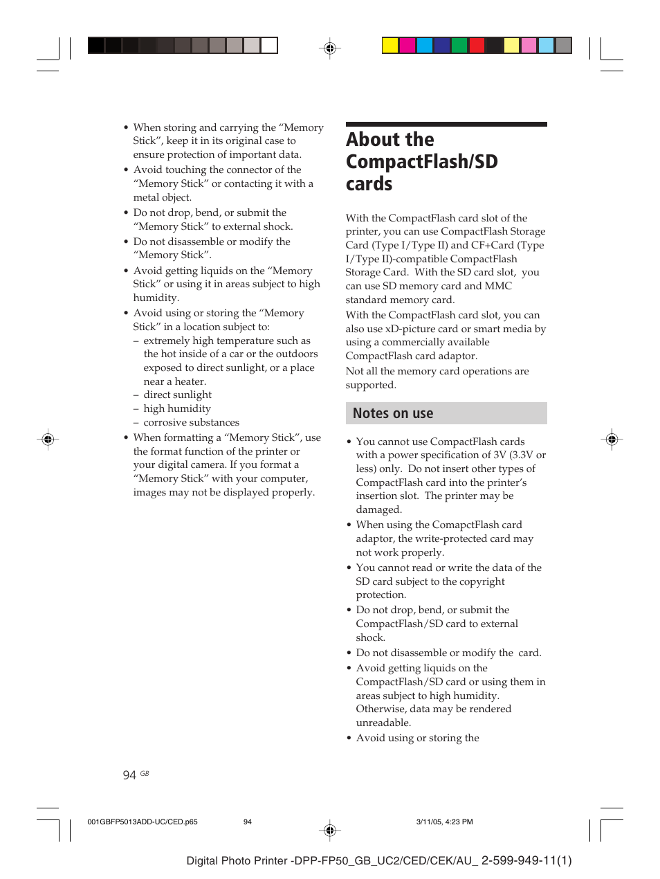 About the compactflash/sd cards | Sony DPP-FP50 User Manual | Page 94 / 100