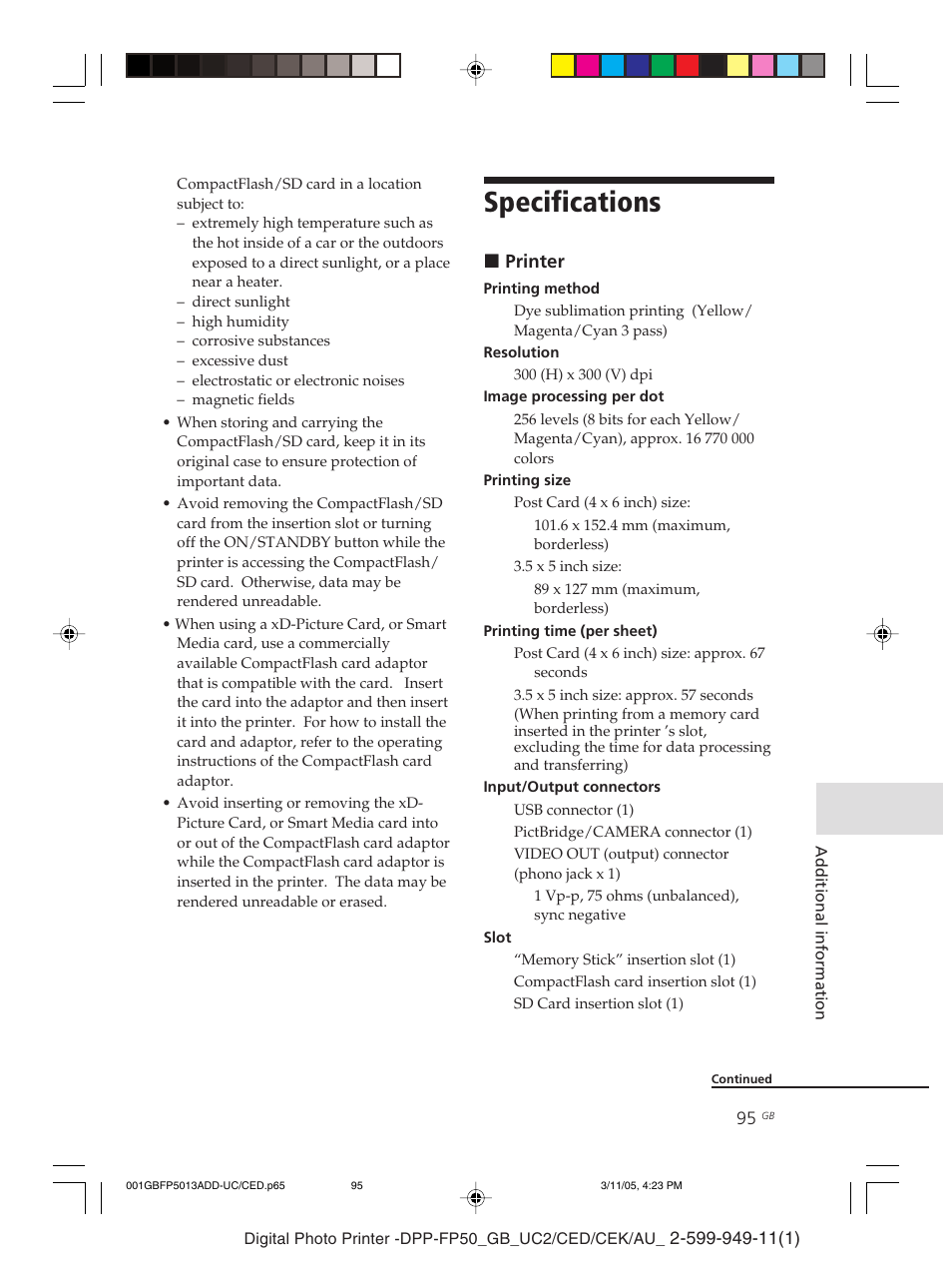 Specifications | Sony DPP-FP50 User Manual | Page 95 / 100