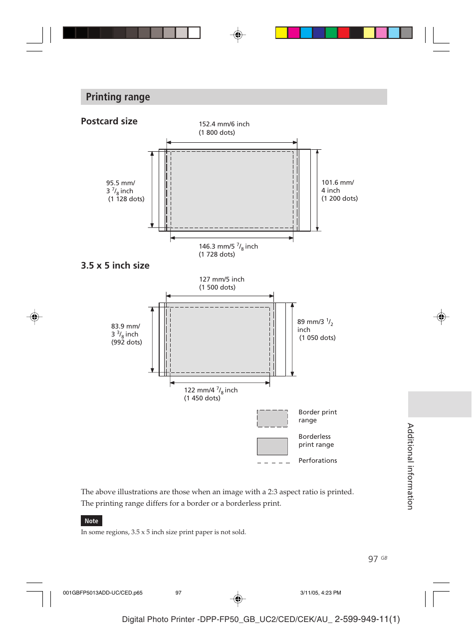 Printing range, Postcard size 3.5 x 5 inch size | Sony DPP-FP50 User Manual | Page 97 / 100