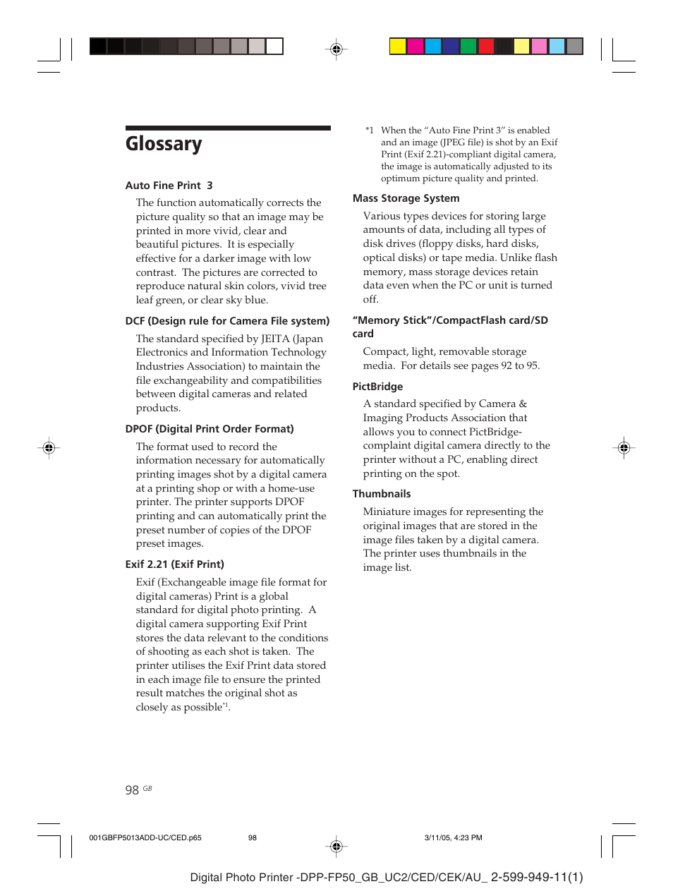 Glossary | Sony DPP-FP50 User Manual | Page 98 / 100