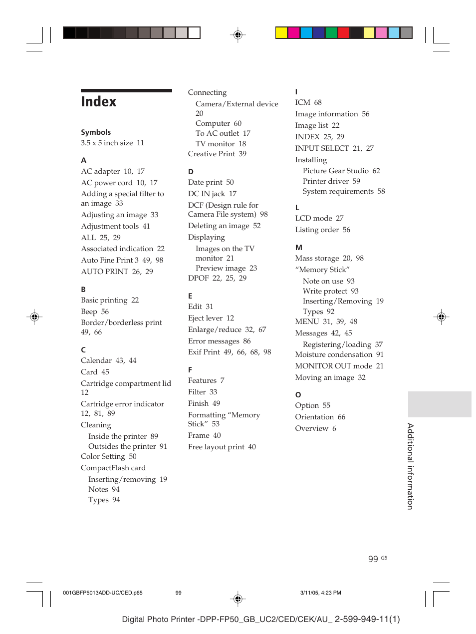 Index | Sony DPP-FP50 User Manual | Page 99 / 100