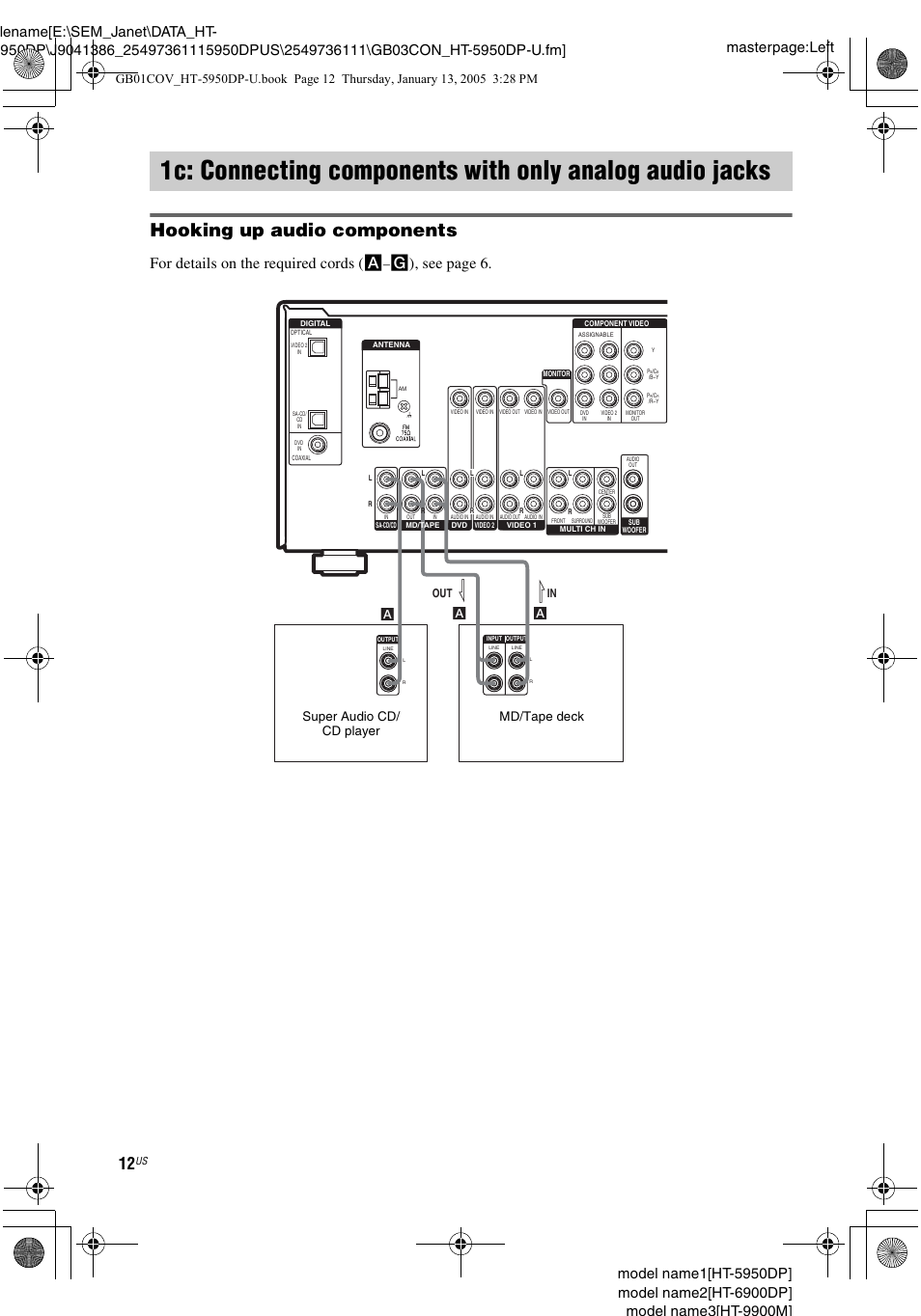 1c: connecting components with, Only analog audio jacks, Hooking up audio components | For details on the required cords ( a, G), see page 6, Al in a l out | Sony 6900DP User Manual | Page 12 / 60