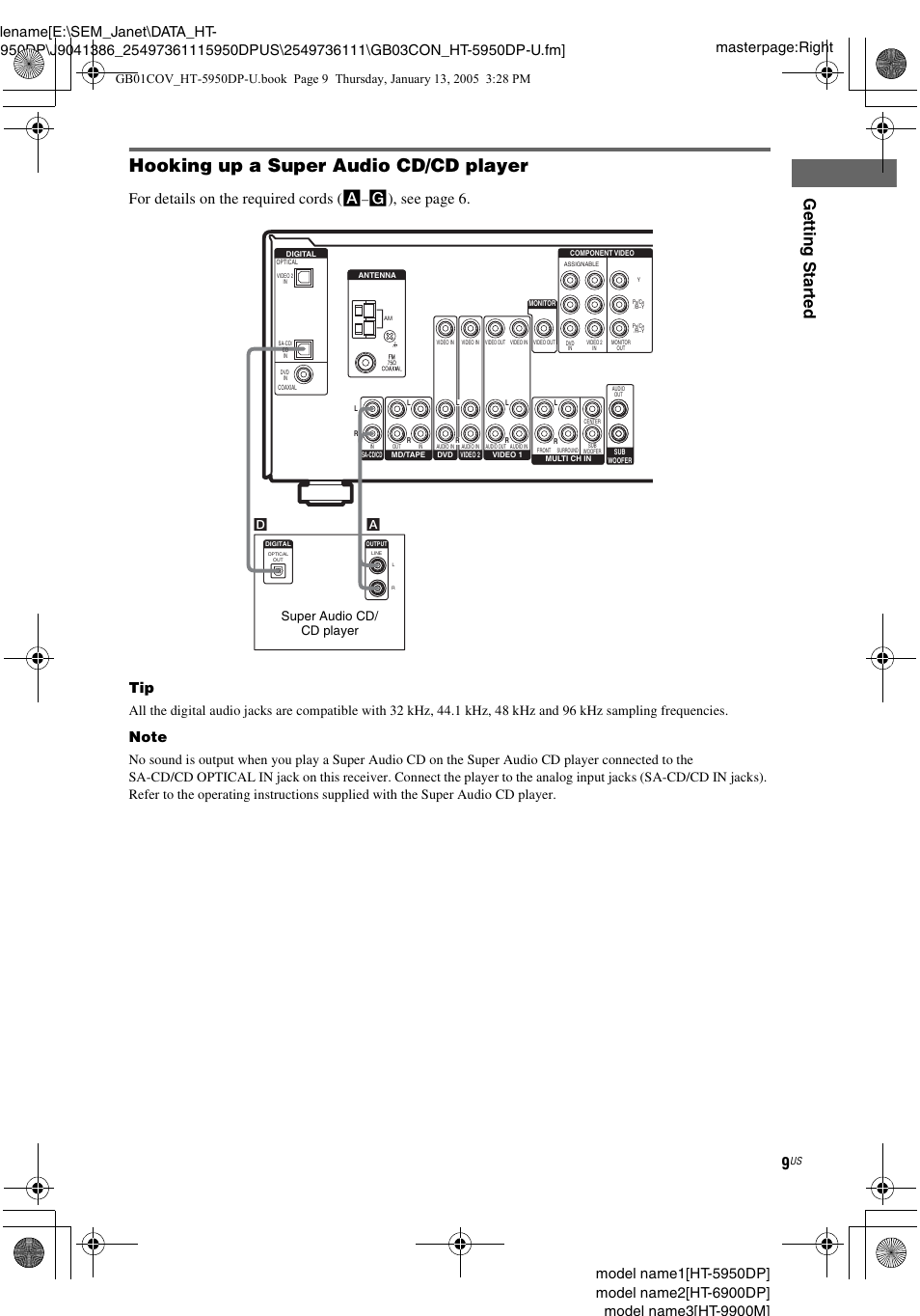 Hooking up a super audio cd/cd player, Gettin g star ted, For details on the required cords ( a | G), see page 6, Super audio cd/ cd player | Sony 6900DP User Manual | Page 9 / 60