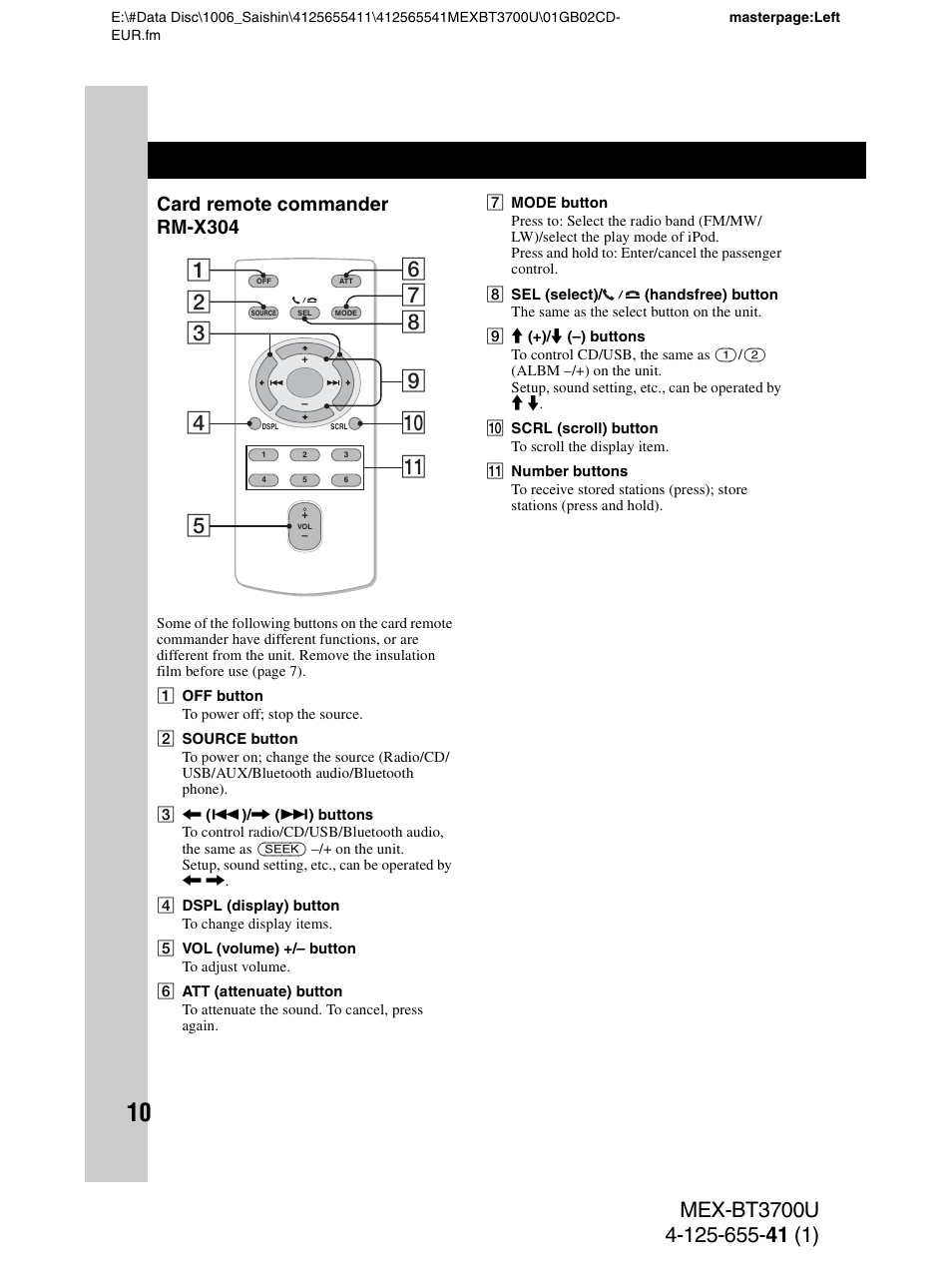 Card remote commander rm-x304 | Sony Bluetooth BT3700U User Manual | Page 10 / 180