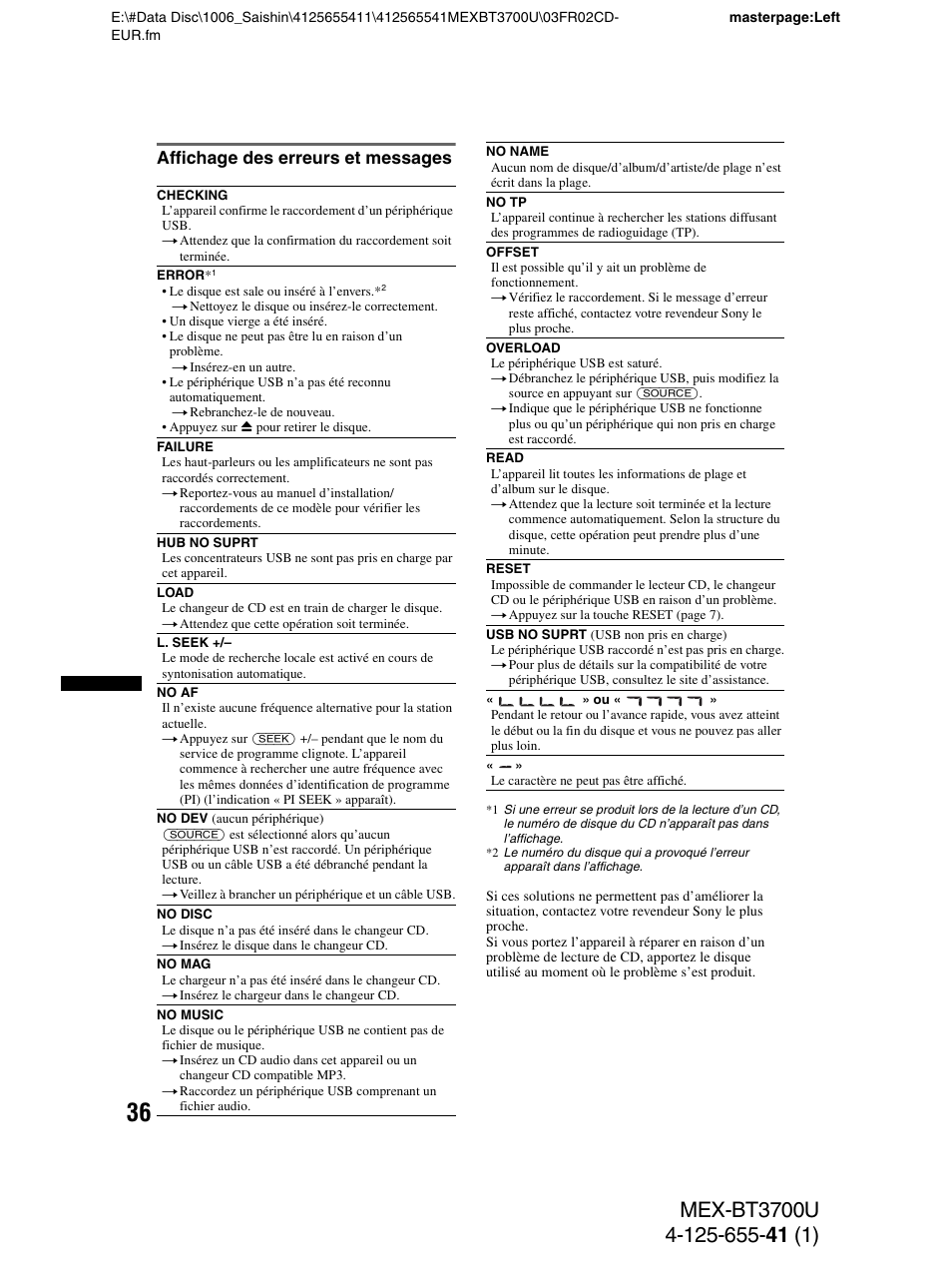 Affichage des erreurs et messages | Sony Bluetooth BT3700U User Manual | Page 102 / 180