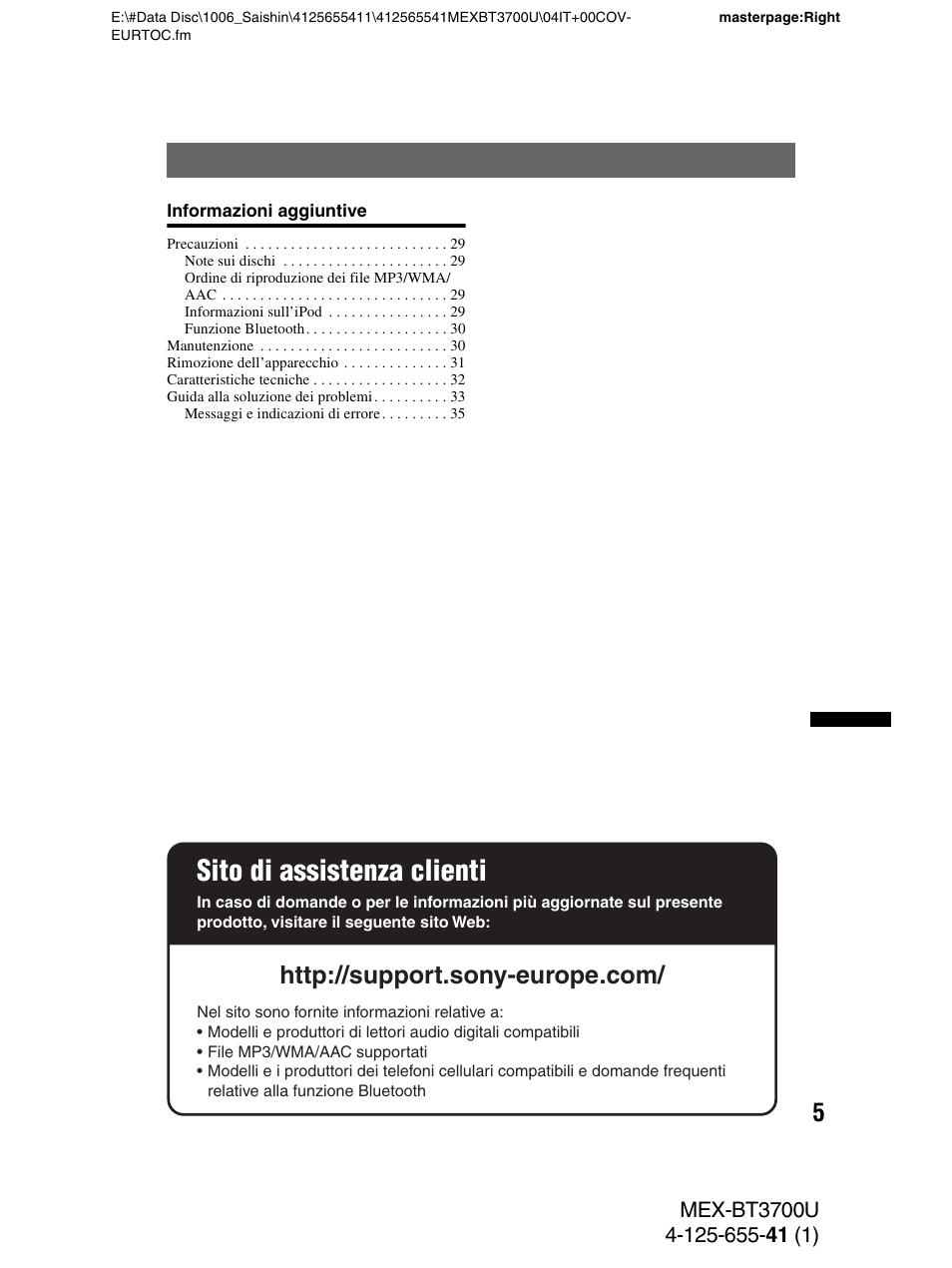 Sito di assistenza clienti | Sony Bluetooth BT3700U User Manual | Page 107 / 180