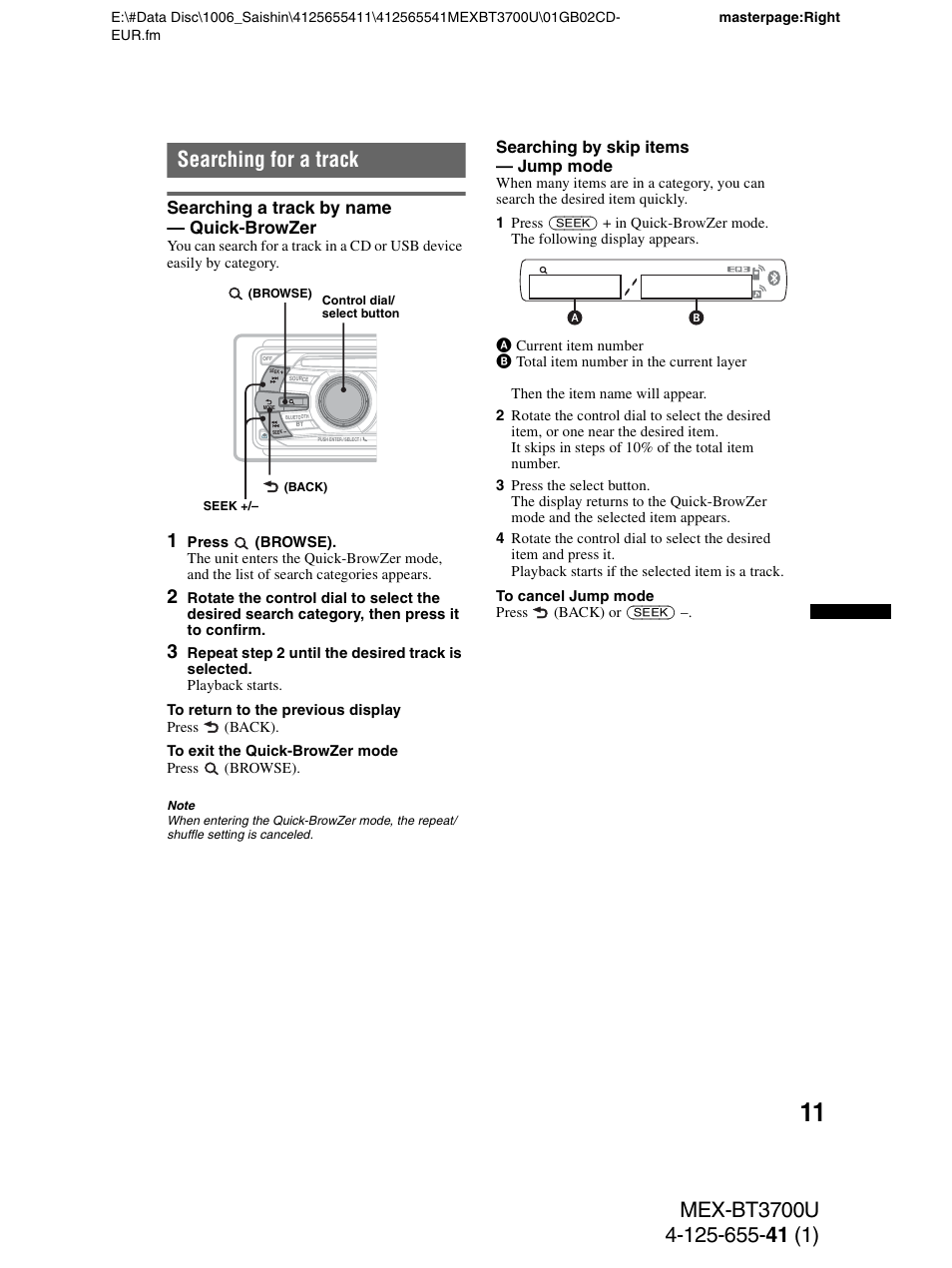 Searching for a track, Searching a track by name - quick-browzer, Searching a track by name — quick-browzer | Sony Bluetooth BT3700U User Manual | Page 11 / 180
