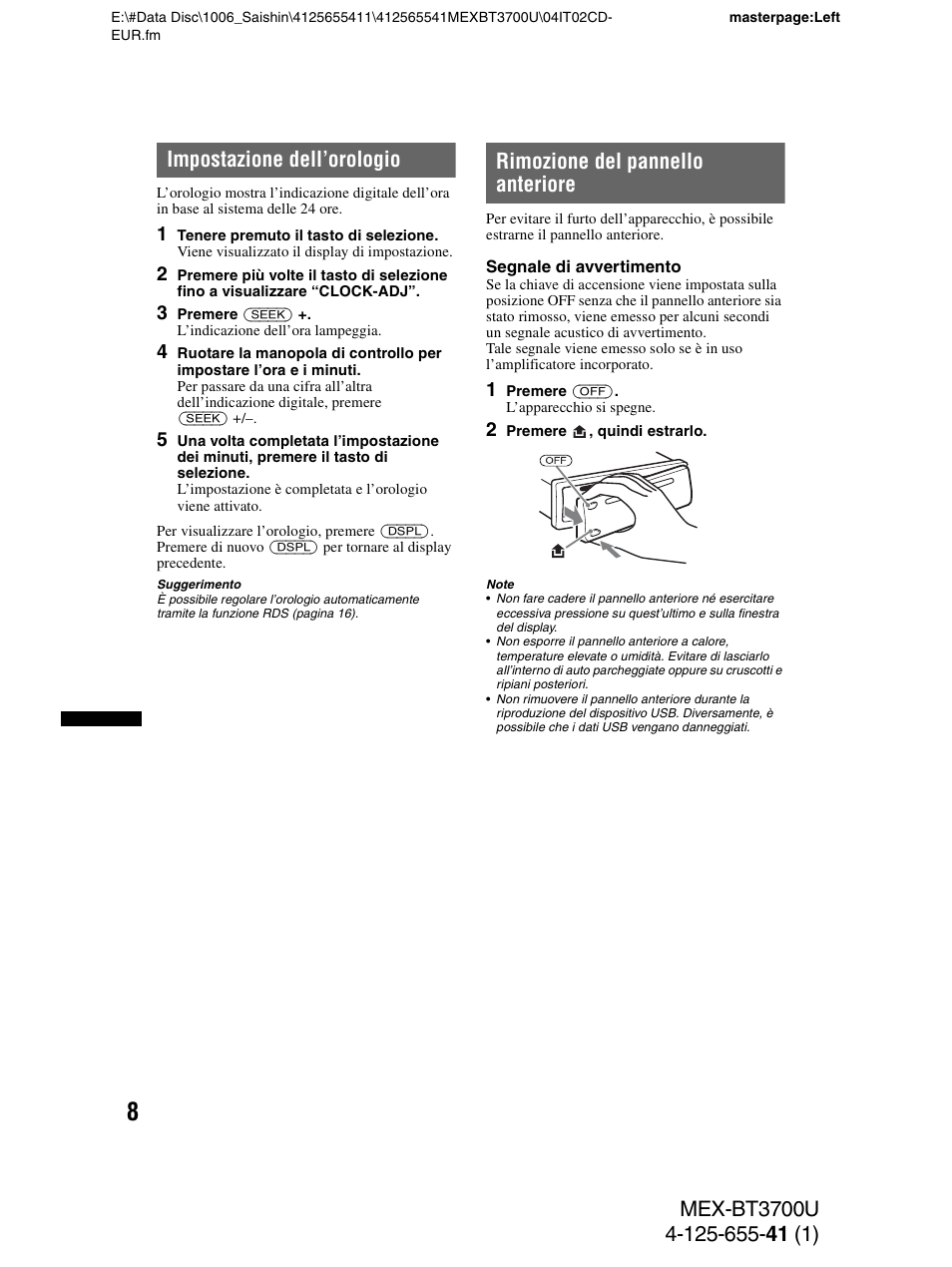 Impostazione dell’orologio, Rimozione del pannello anteriore | Sony Bluetooth BT3700U User Manual | Page 110 / 180